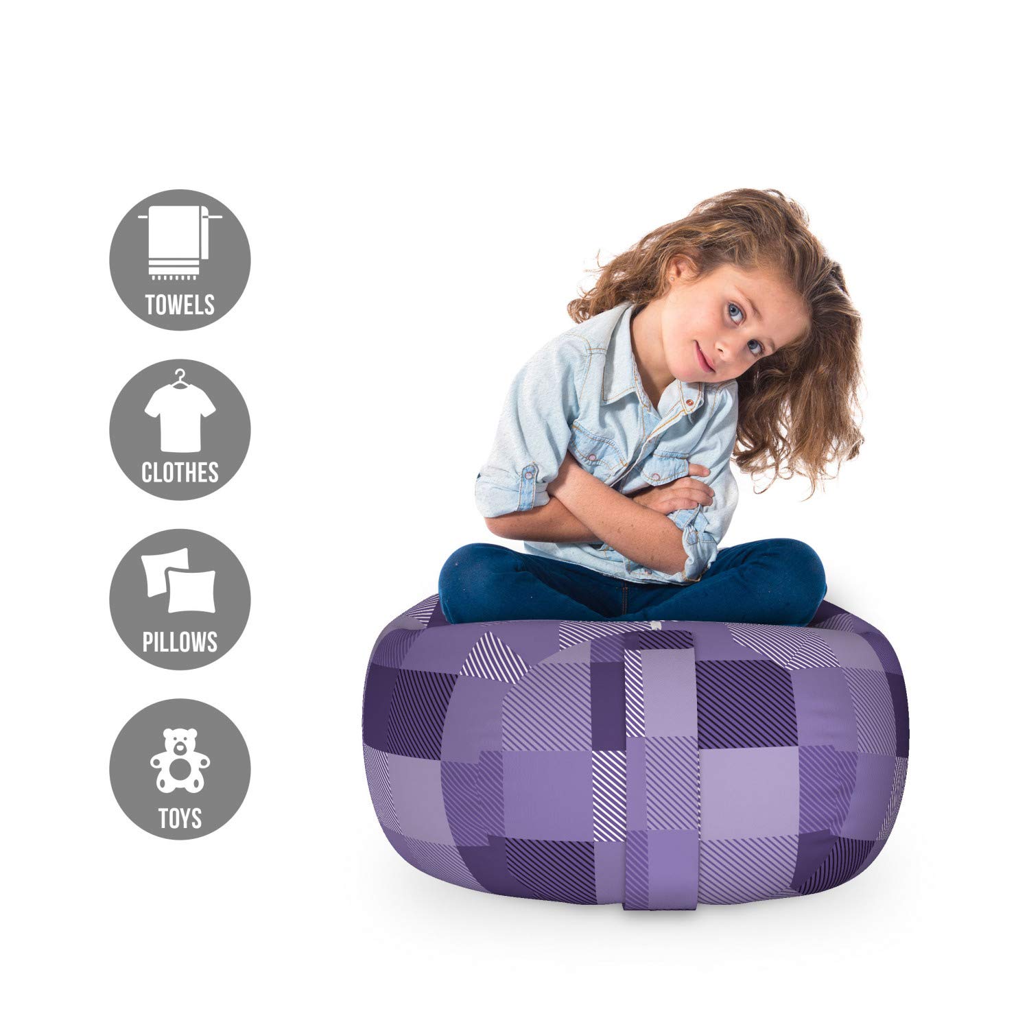 Ambesonne Abstract Storage Toy Bag Chair - Plaid Print Stripe Monochrome Design, Washable Stuffed Animal Organizer for Kids Room, Small Size Purple Quartz | Perfect for Nursery, Playroom & Bedroom Organization