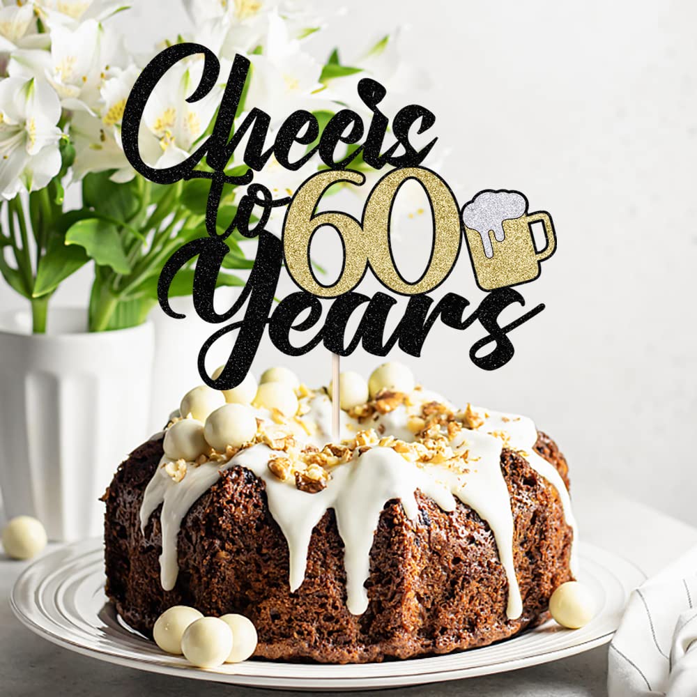 Kaoenla Black Gold Glitter 'Cheers To 60 Years' Beer Cake Topper - Elegant 60th Birthday Decor for Men & Women, 60th Wedding Anniversary Party Supplies, Milestone Celebration Cake Decoration (60) - Perfect for Retirement Parties, Diamond Anniversary Events & Golden Birthday Celebrations