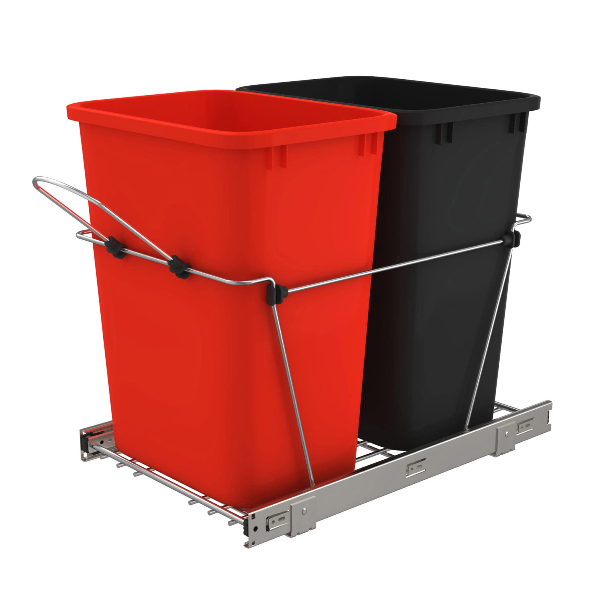 Rev-A-Shelf 35 Qt Double Pullout Trash Can for Kitchen Cabinets - Red/Black Garbage & Recycling Bin with Full Extension Slides (RV-18KD-1618C-S) - Perfect for Organized Kitchens & RV Living