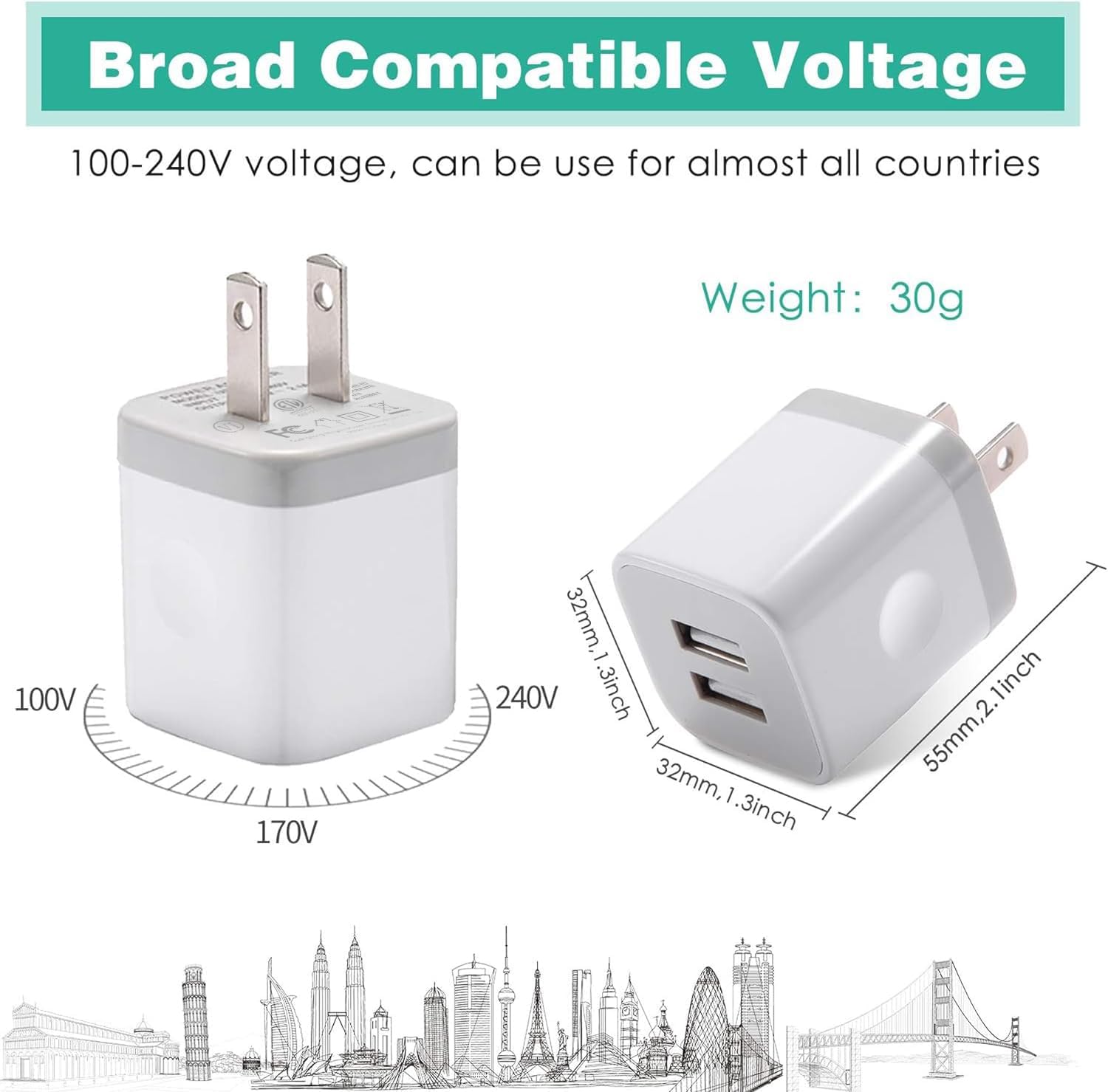 KENHAO 3-Pack Dual Port USB Wall Charger - 2.1A/5V Fast Charging Block for iPhone 14/13/12/11/Pro Max/SE/XS/XR/X/8/7/6 Plus, iPad, Samsung Galaxy, Android Phones & Tablets - Perfect for Home, Office & Travel Charging