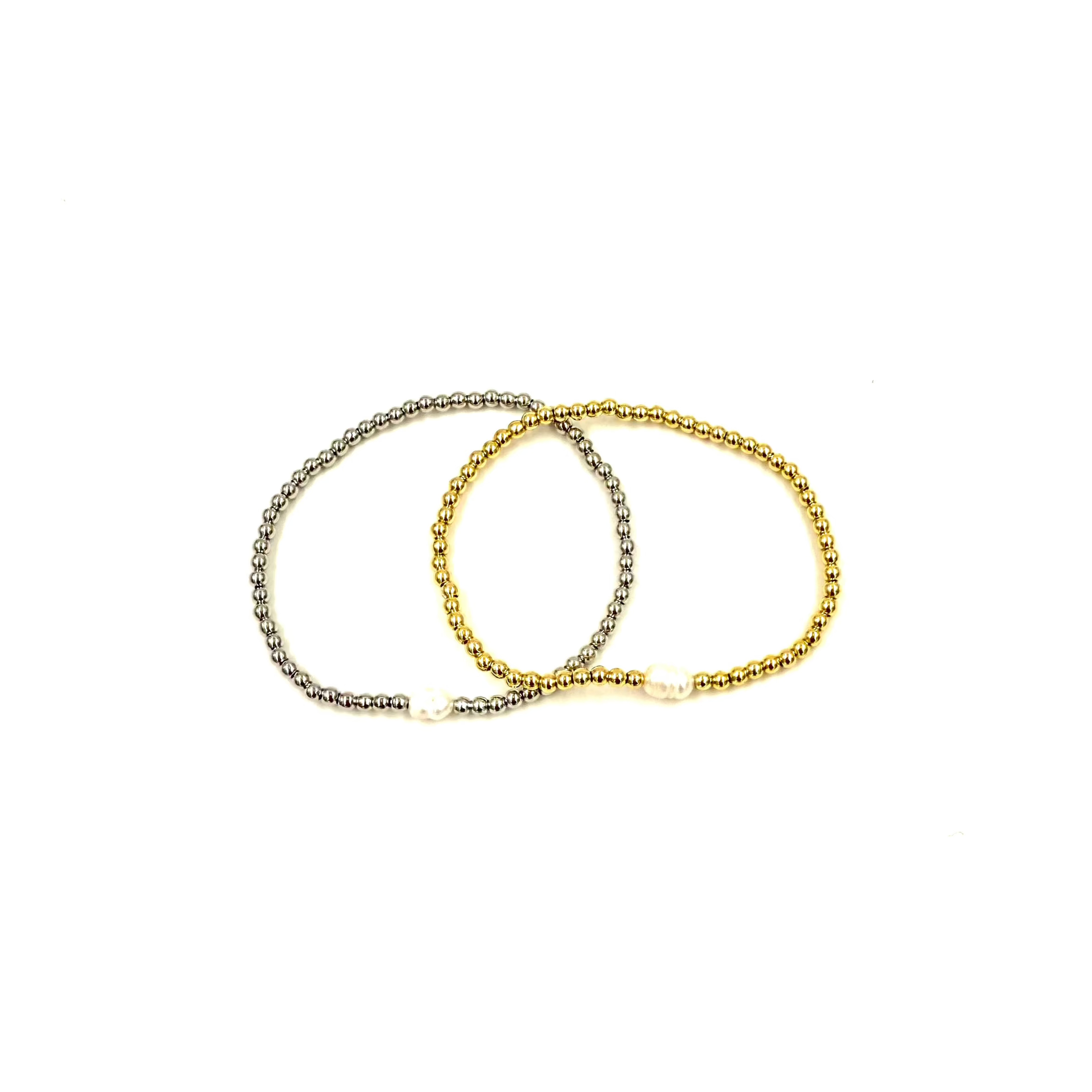 Ashley Gold Stainless Steel Single Pearl Beaded Ball Stretch Bracelet for Women - Elegant Adjustable Pearl Jewelry for Parties, Weddings & Everyday Wear