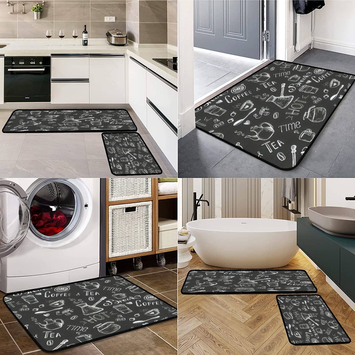 Non-Slip Kitchen Rugs Set - Washable Coffee Tea Doodle Mats for Floor Decor
