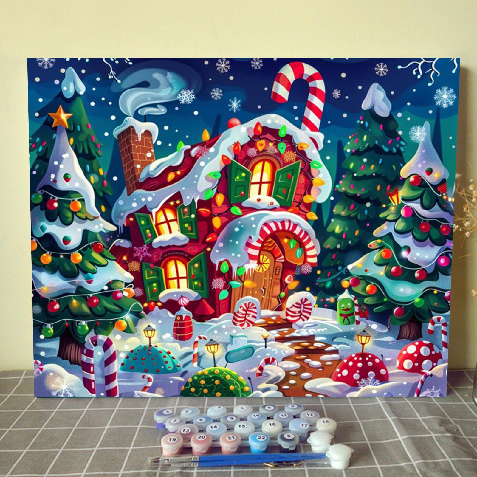 Christmas Candy House DIY Paint by Numbers Kit for Adults - Winter Snow Xmas Landscape Oil & Acrylic Painting Art Set with Canvas & Paints - 16x20 Inch Holiday Gift (DIY Frame Included) - Perfect for Relaxation, Home Decor & Christmas Crafting