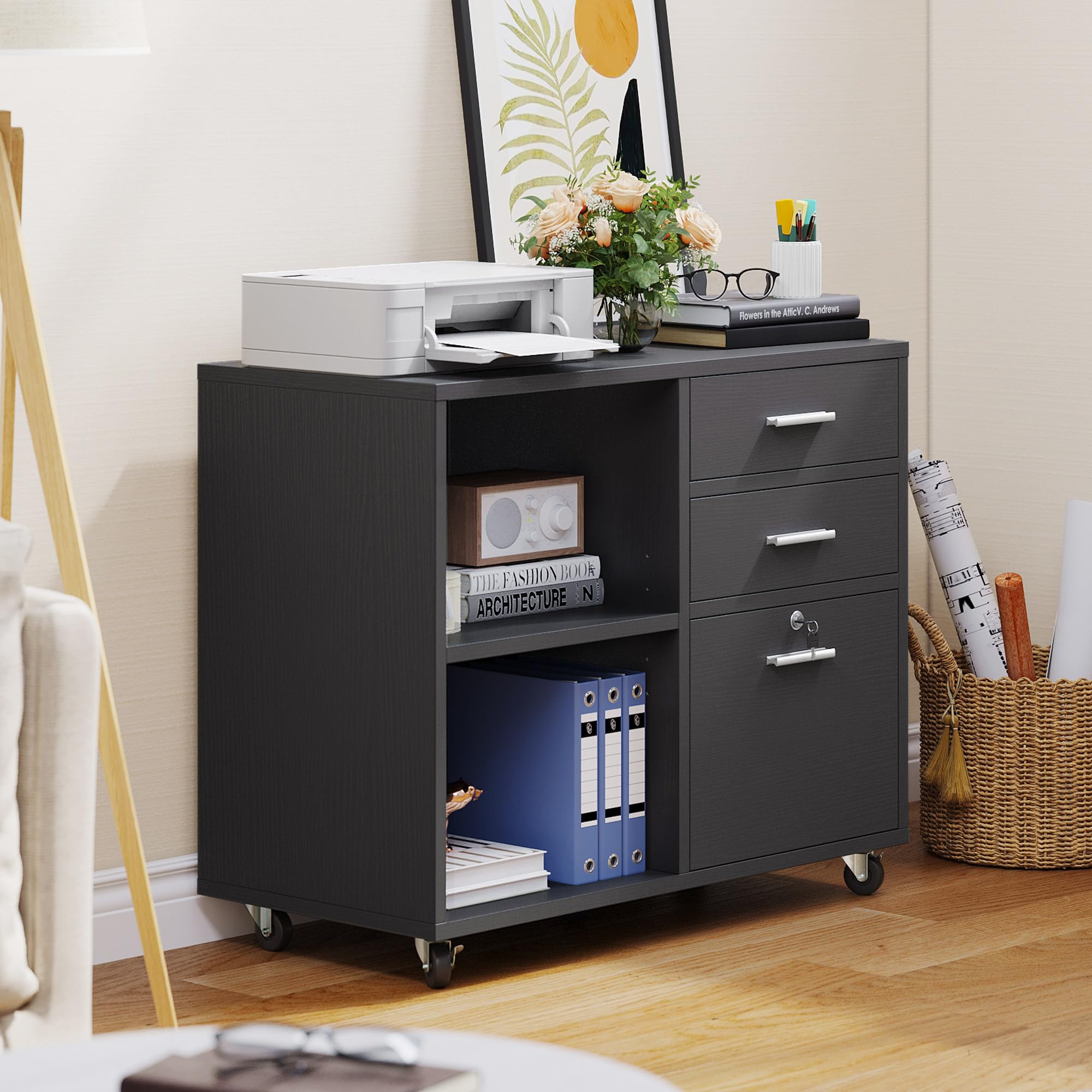 YITAHOME 3-Drawer Wooden File Cabinet with Lock - Mobile Lateral Storage Cabinet & Printer Stand for Home Office Organization - Black Office Furniture - Perfect for Document Storage, Printer Placement & Workspace Organization