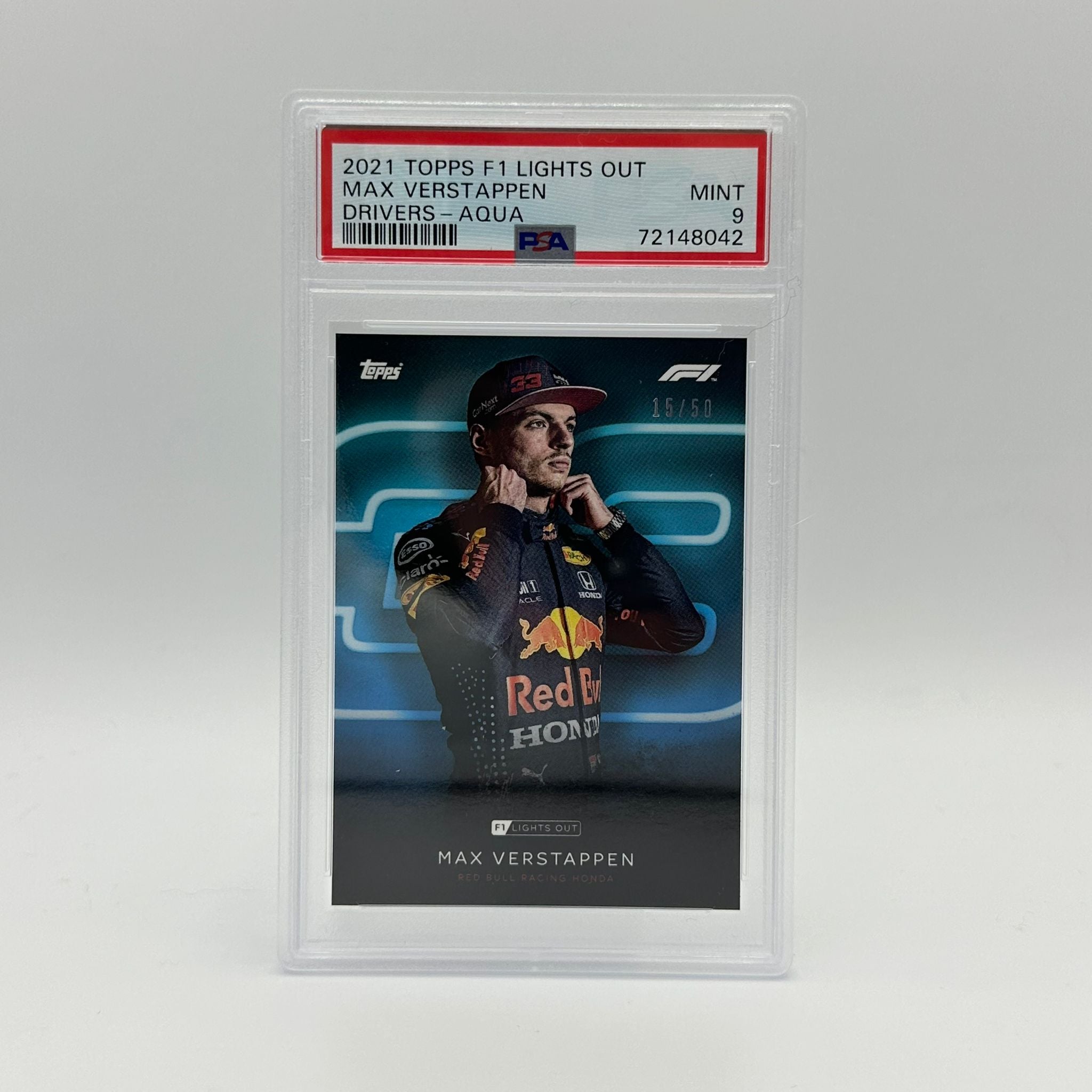 PSA 9 Graded 15/50 Max Verstappen Aqua Parallel Racing Card - Rare Collectible for F1 Fans & Sports Memorabilia Enthusiasts (Perfect for Display, Trading, and Investment)