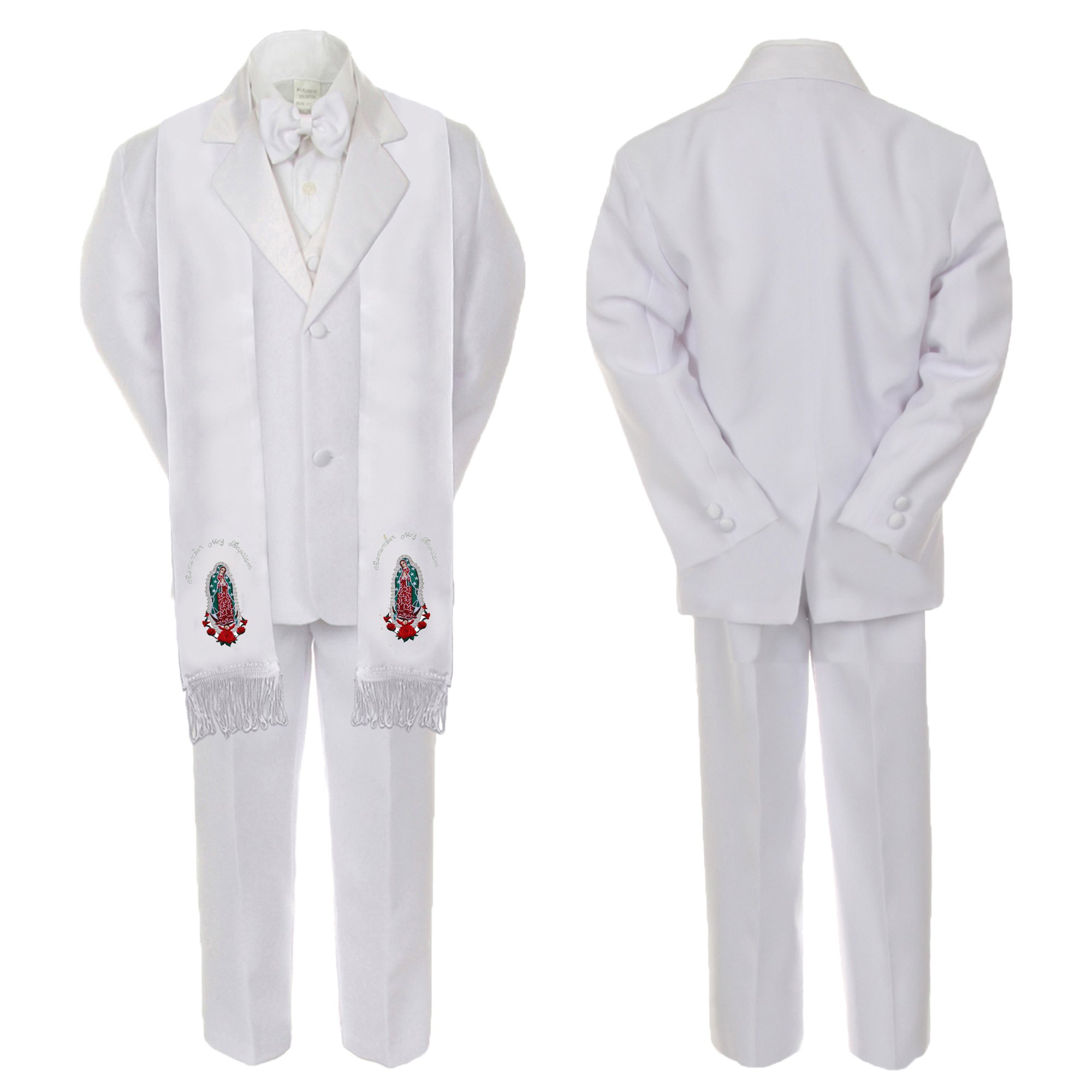 Newborn Baby Boy Baptism Suit - White Notch Lapel with Silver Guadalupe Stole (Size SM-20) | Perfect for Christening, First Communion & Special Occasions