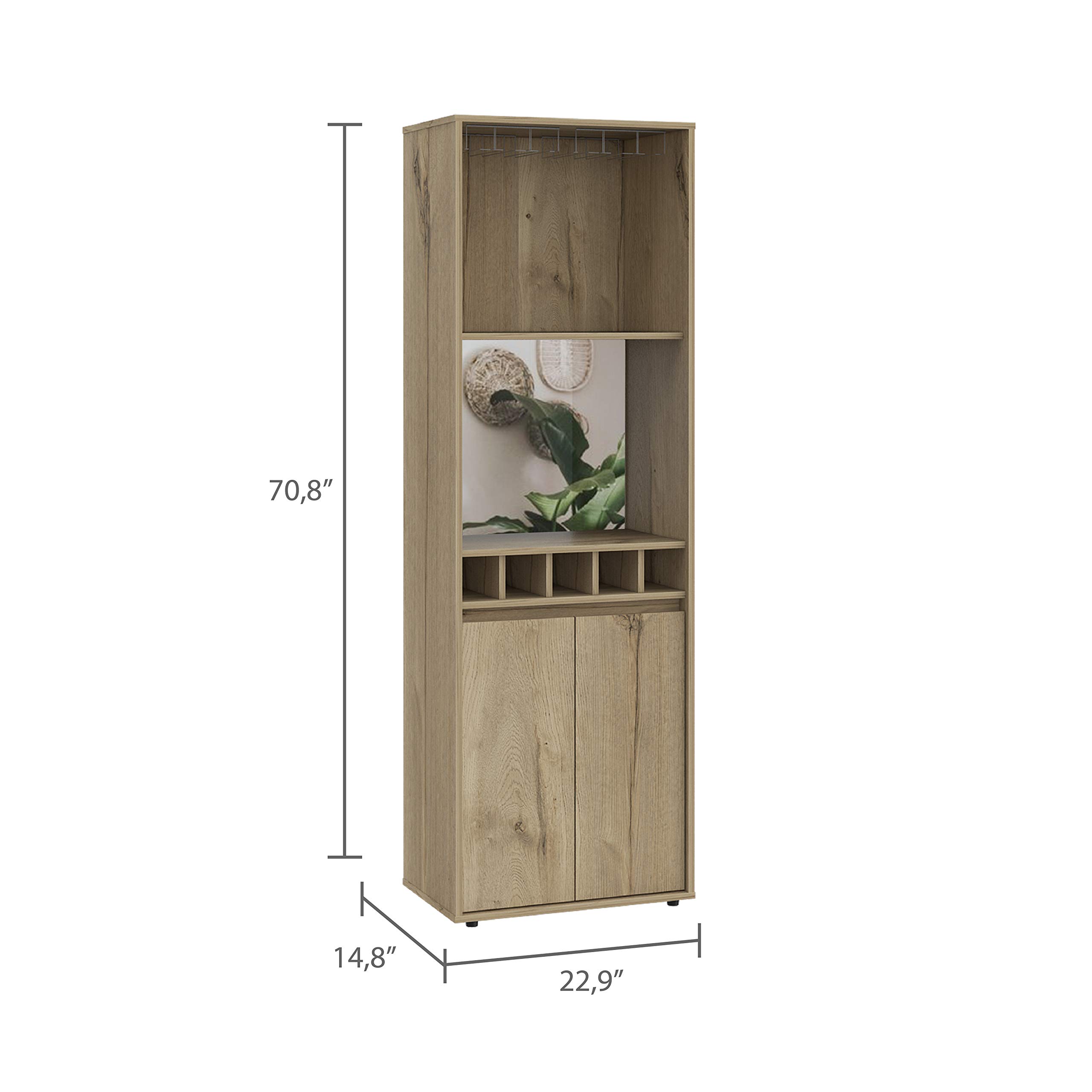 Redding Bar Cabinet with 2 Open Shelves & Double Doors - Light Oak Storage for Wine Bottles, Glassware & Liquor - Perfect for Home Bar, Dining Room or Entertainment Area