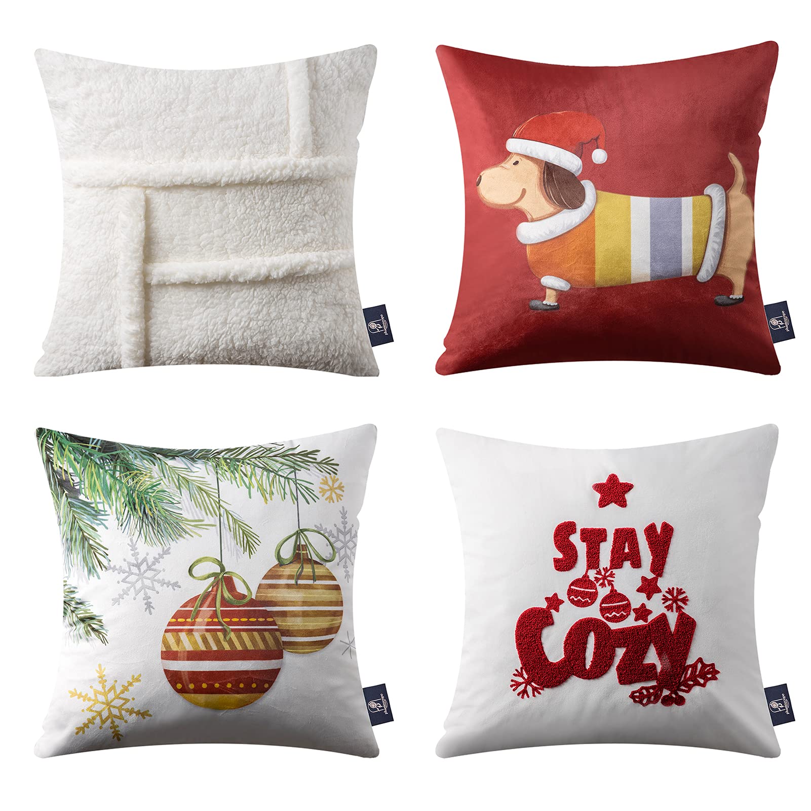 Pack of 4 Soft Sherpa & Velvet Printed Dog Pillow Covers - 18x18 Inch Decorative Couch Throw Pillows for Sofa, Bed, Living Room - Red Puppy & Lamp Design Home Decor