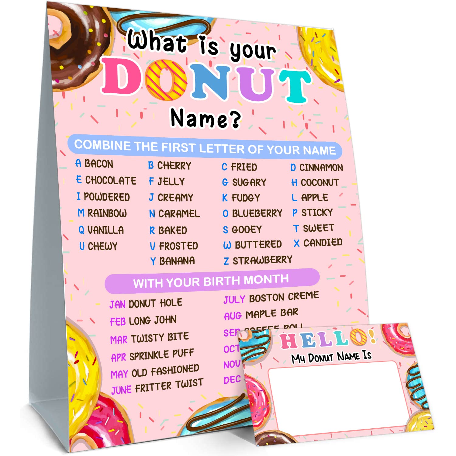 Donut Name Game Set - 30 Fun Activity Cards & Party Sign for Girls Birthday, Wedding, Anniversary | Perfect for Holiday Celebrations & Kids' Party Games