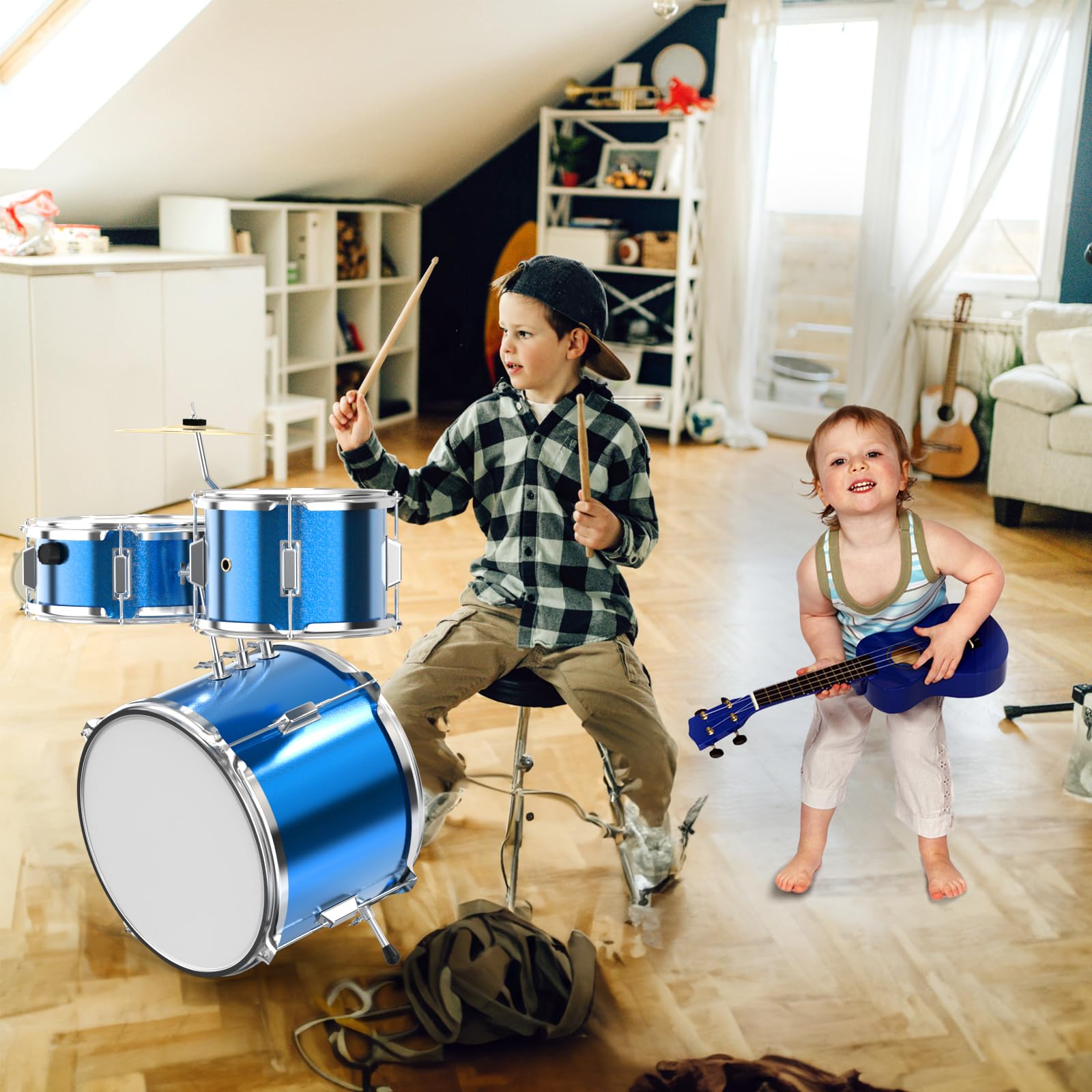 **Kids Drum Set - 4-Piece Junior Drum Kit with Bass, Tom, Snare & Cymbal, Drumsticks & Throne - Beginner Drum Set for Children & Toddlers (Sky Blue) - Perfect for Home Play, Birthday Gifts & Music Learning**