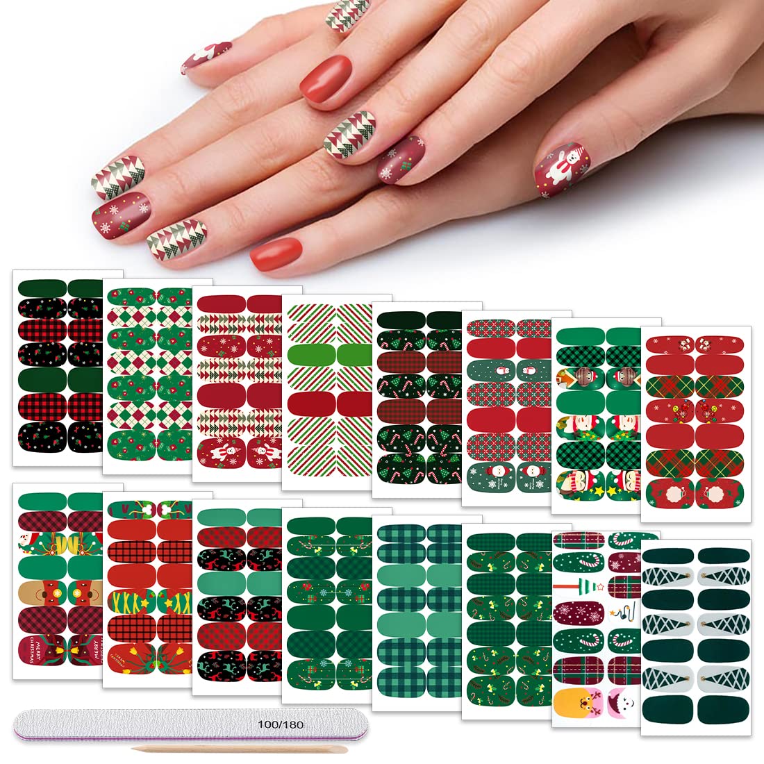 DANNEASY 224-Piece Christmas Nail Polish Strips Kit - 16 Sheets Holiday Nail Stickers, Nail Wraps & Adhesive Nail Art Decals for Women with Nail File & Cuticle Pusher (Green Series) - Perfect for Holiday Parties, Gift Giving & DIY Manicures