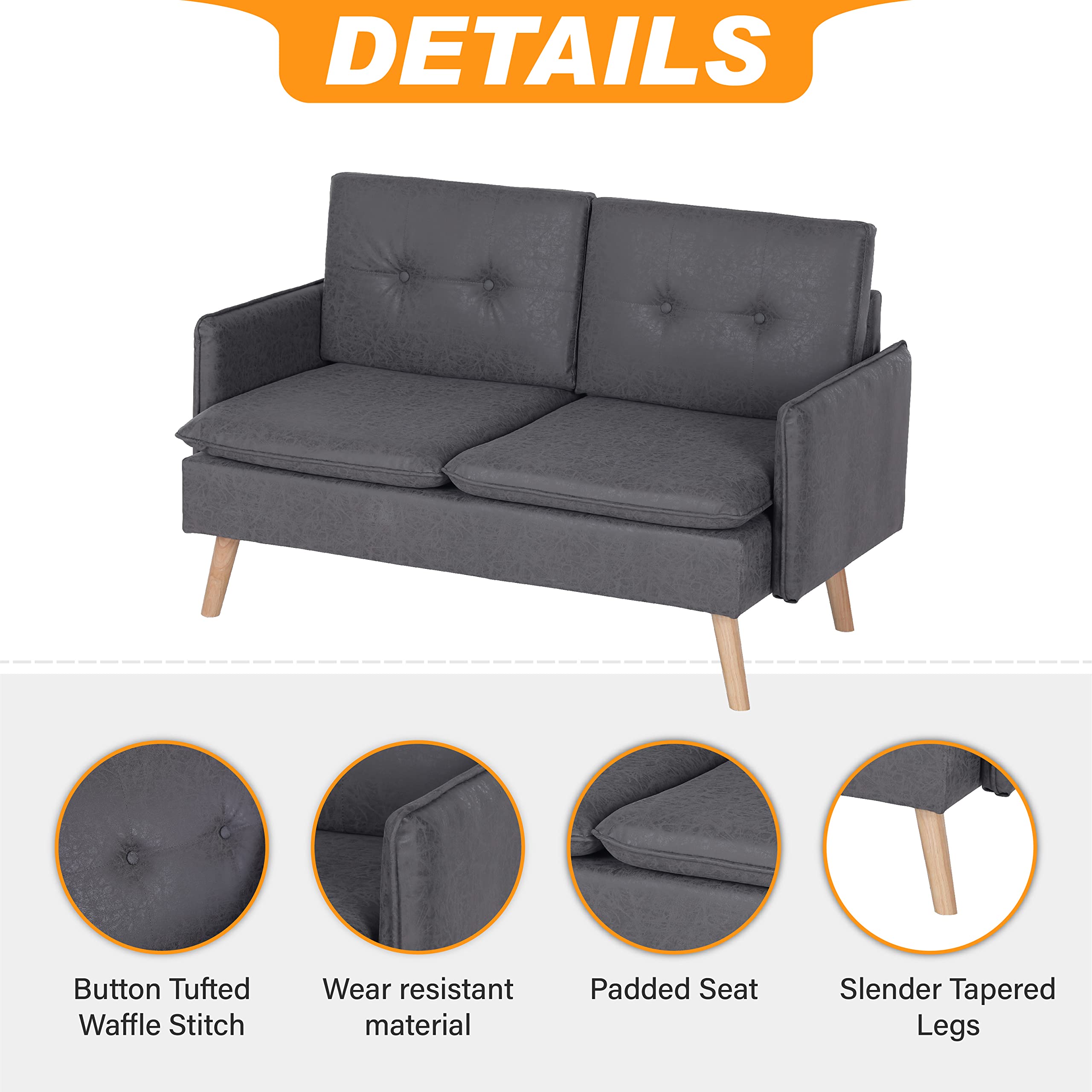 MAISON ARTS Small Modern Loveseat Couch - Mid Century Petite Fabric Sofa for Living Room, Bedroom & Apartment - Dark Grey - Perfect for Small Spaces, Studio Apartments & Cozy Reading Nooks