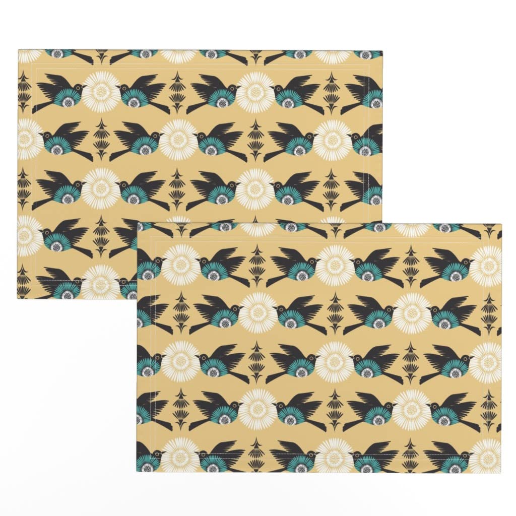 Spoonflower Linen Cotton Canvas Placemats Set of 2 - Birds Blooms Folk Floral Nature Yellow Turquoise Flowers Print Washable Table Mats for Dining, Kitchen, Party & Home Decor