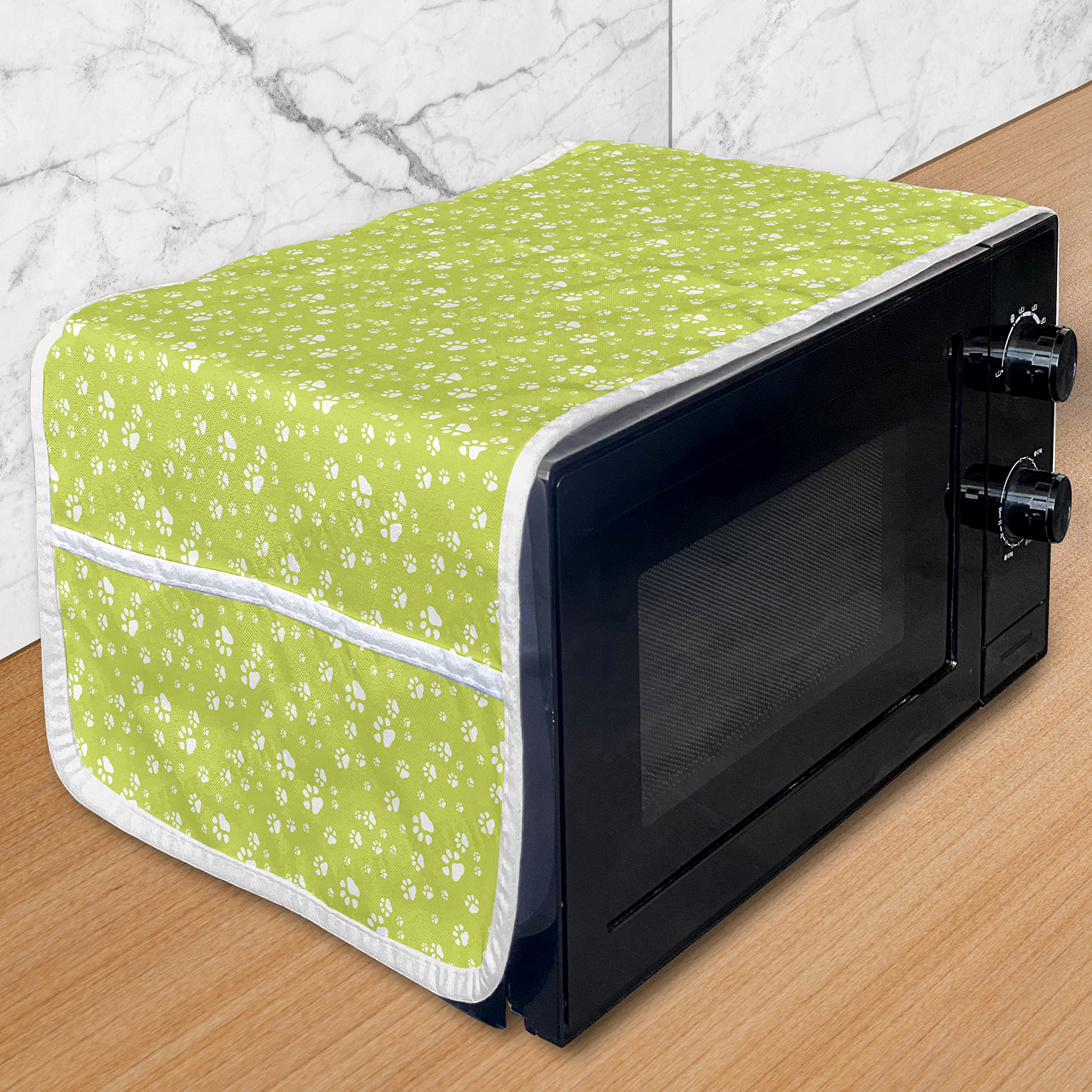 Ambesonne Paw Print Microwave Cover - Monochrome Animal Footsteps Design, Waterproof Kitchen Organizer with Pockets, 36