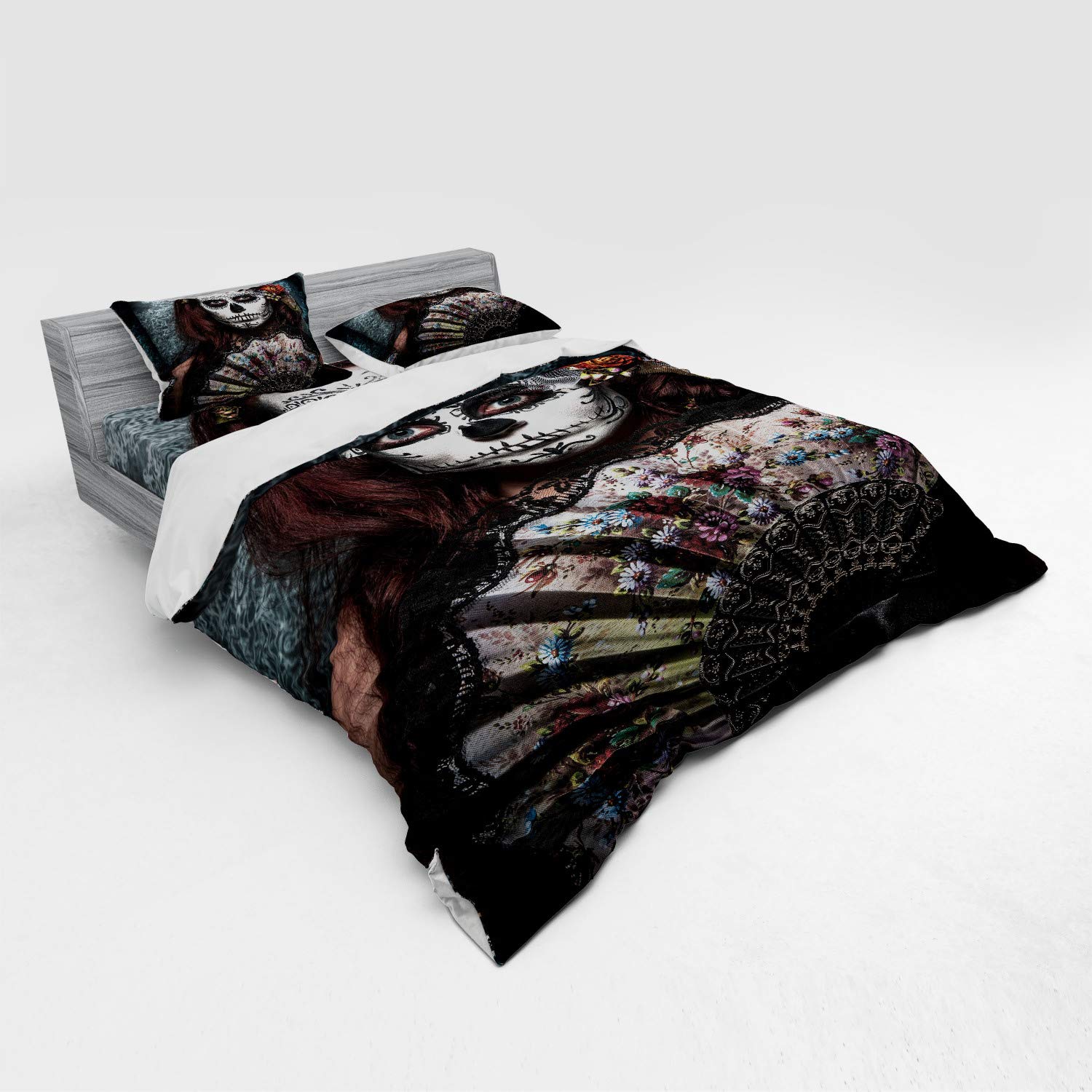 Ambesonne Day of The Dead Duvet Cover Set - Makeup Artist Girl Skull & Roses Gothic Art Print, 4-Piece King Size Bedding Set with Shams & Fitted Sheet, Cadet Blue & Maroon - Perfect for Halloween Decor, Gothic Bedroom Theme & Mexican Culture Inspired Home Decor