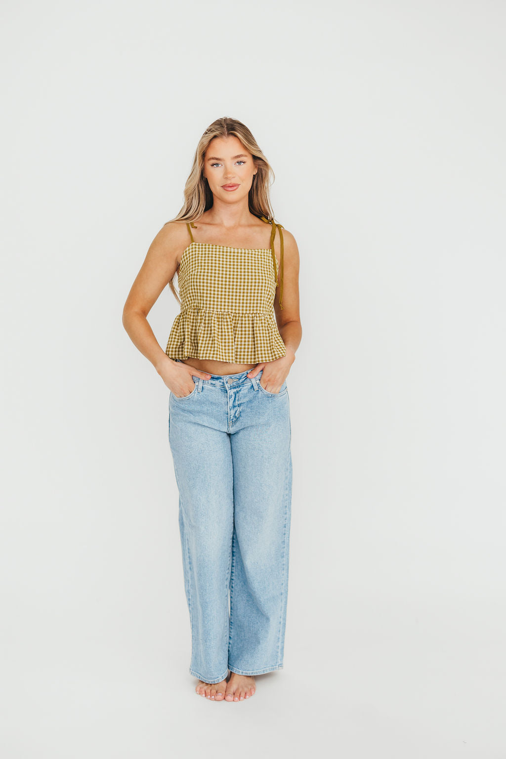 Lemon Grass Vienna Gingham Pattern Women's Blouse - Casual Summer Tops for Outdoor Picnics & Beach Vacations