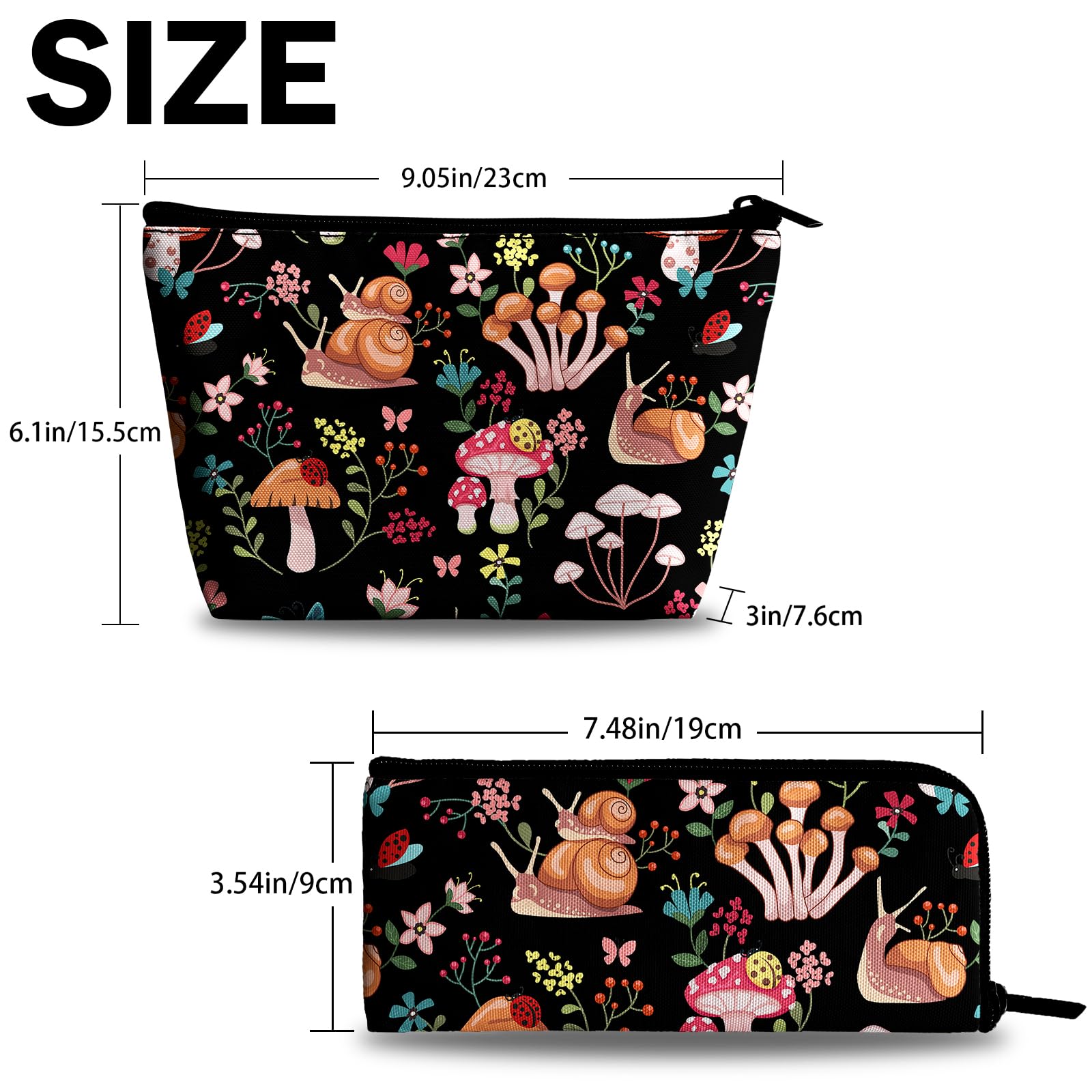Stylish Mushroom & Snail Print Large Capacity Makeup Bag Set for Women - 1 Cosmetic Organizer & 1 Brush Pouch - Perfect for Travel, Daily Use & Gift Giving