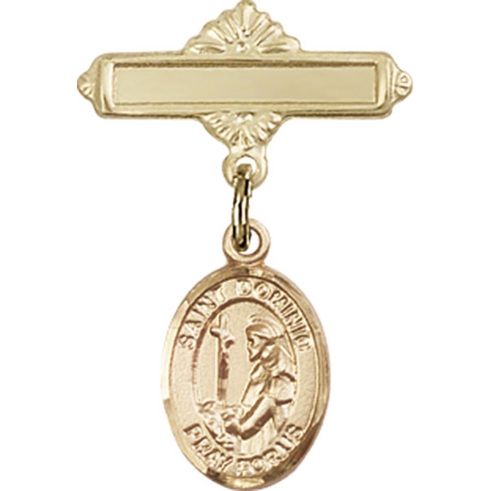 St. Dominic de Guzman Gold Filled Baby Charm Badge - 1 x 5/8 Inch Polished Religious Medal Pin for Baptism, First Communion & Catholic Gifts