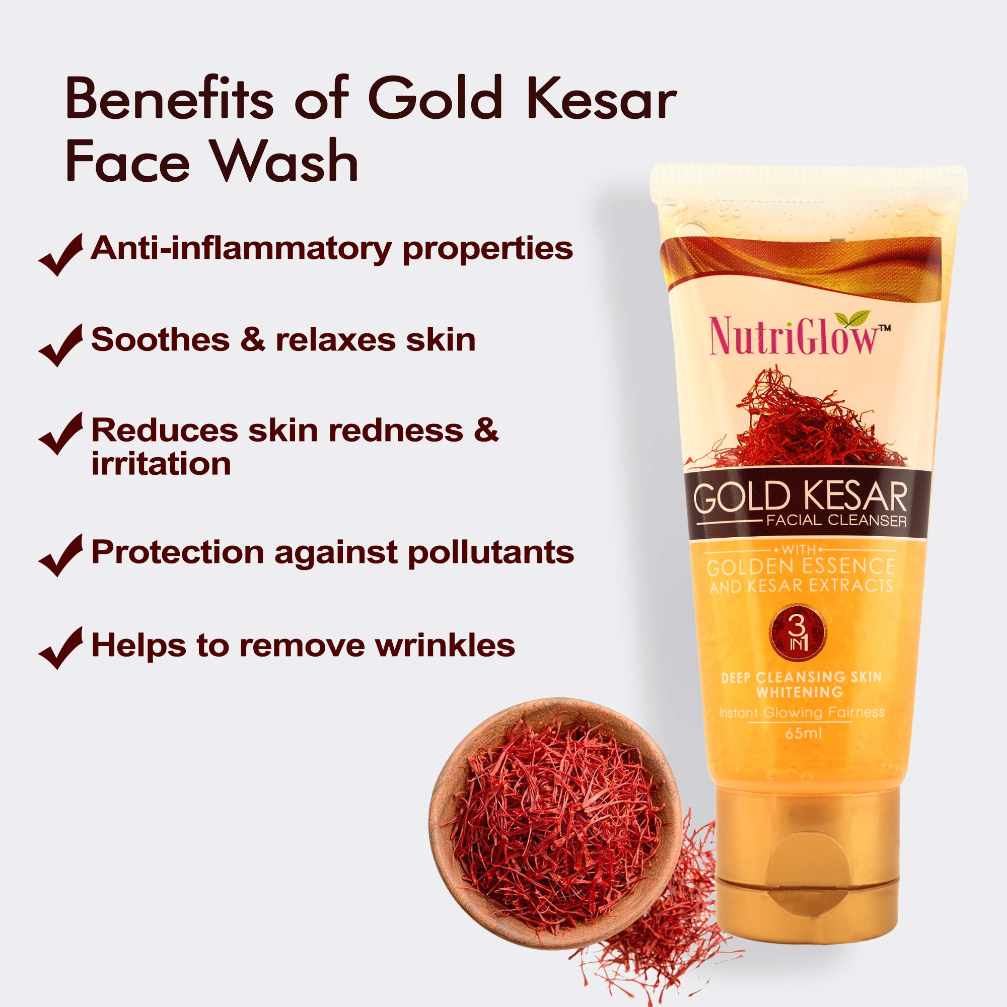 NutriGlow Gold Kesar Cleanser (65 ml) + De Tan Scrub (65 gm) + Skin Radiance Day Cream (50 gm) - Instant Glowing Skin Care Set for Deep Pore Cleansing, Moisturizing & Acne Treatment | Best for Oily Skin & Blackheads Removal | Perfect for Daily Skincare Routine & Spa Day at Home
