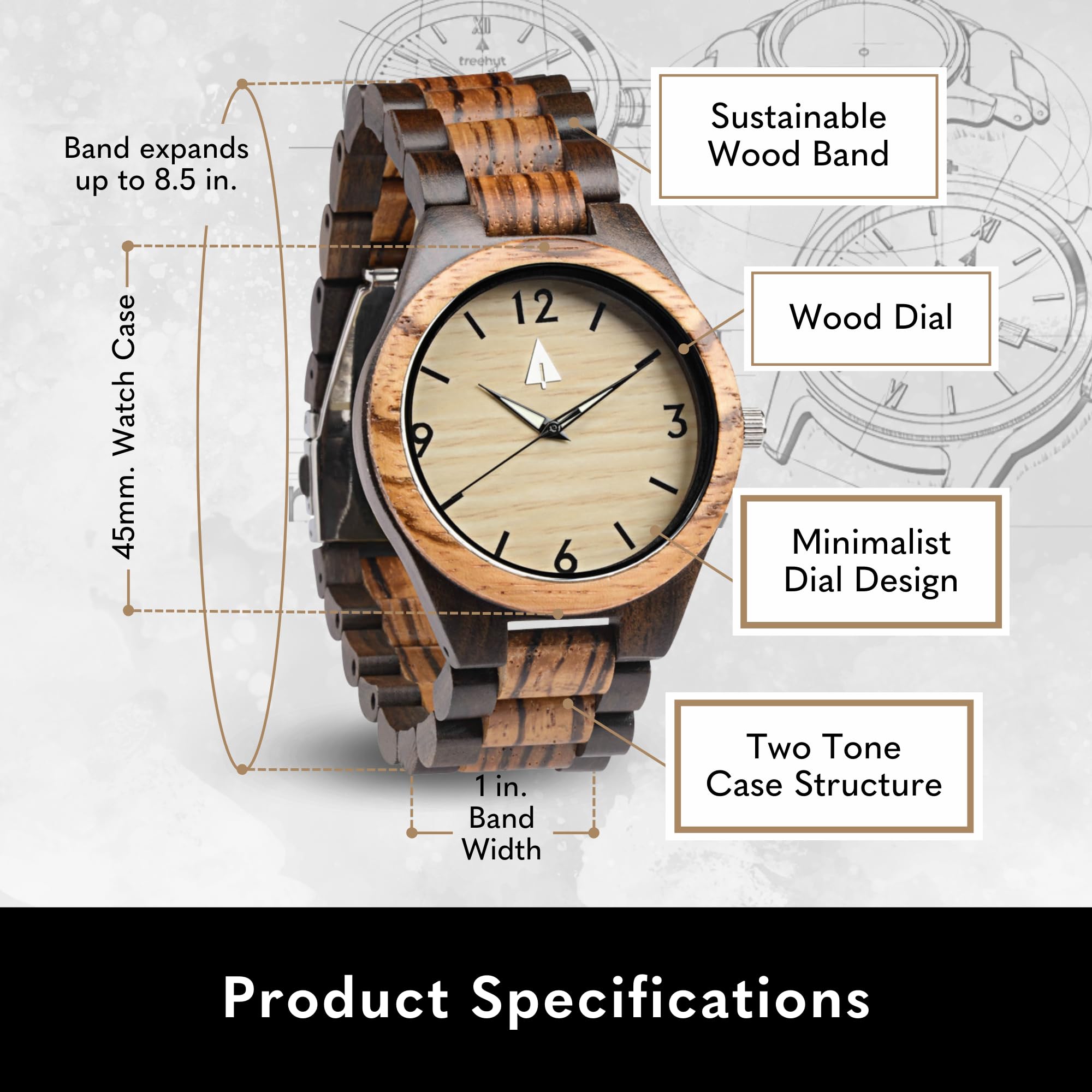 Men's Wooden Watches - Japanese Quartz Analog, Stainless Steel Clasp for Outdoor & Office