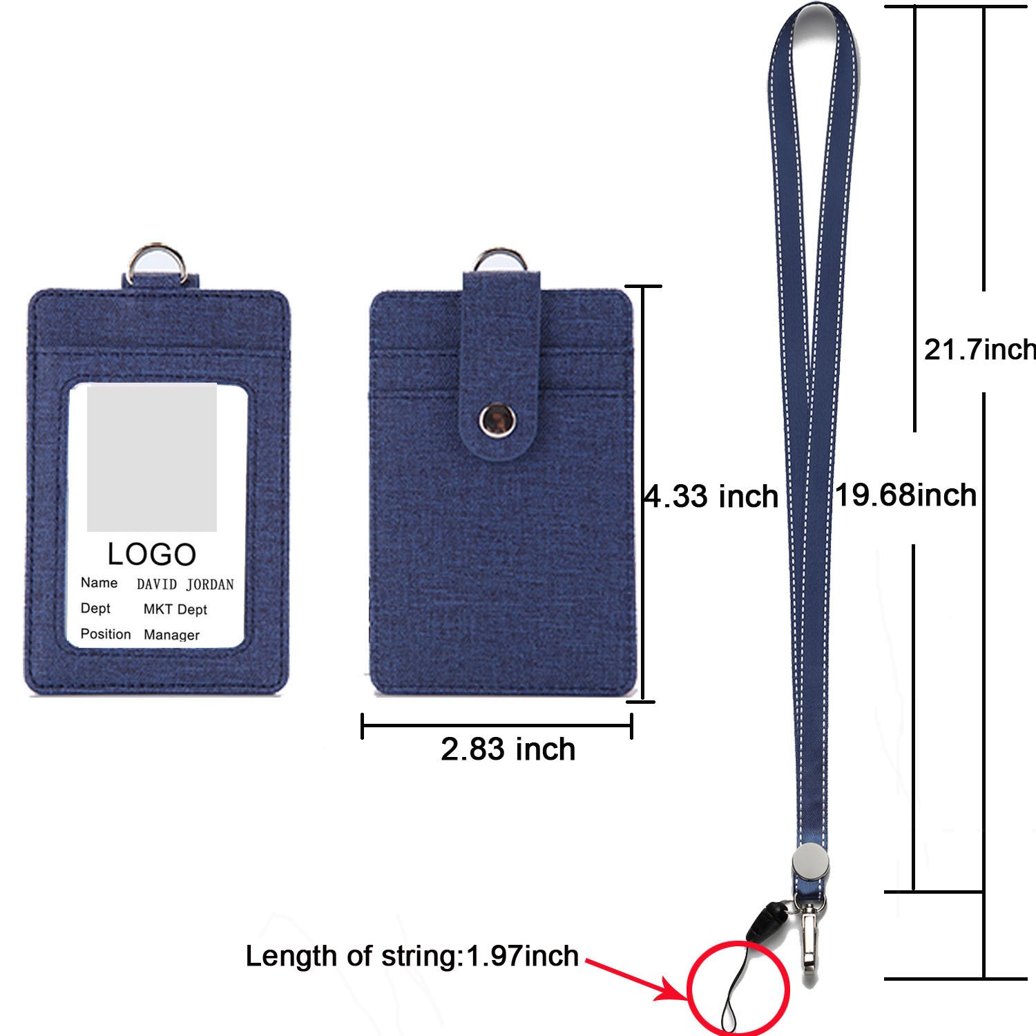 YOUOWO Adjustable Neck Lanyard with PU Leather ID Badge Holder - 2-Sided Vertical Design, 1 Window & 2 Card Slots for Office & Events (Deep Blue)