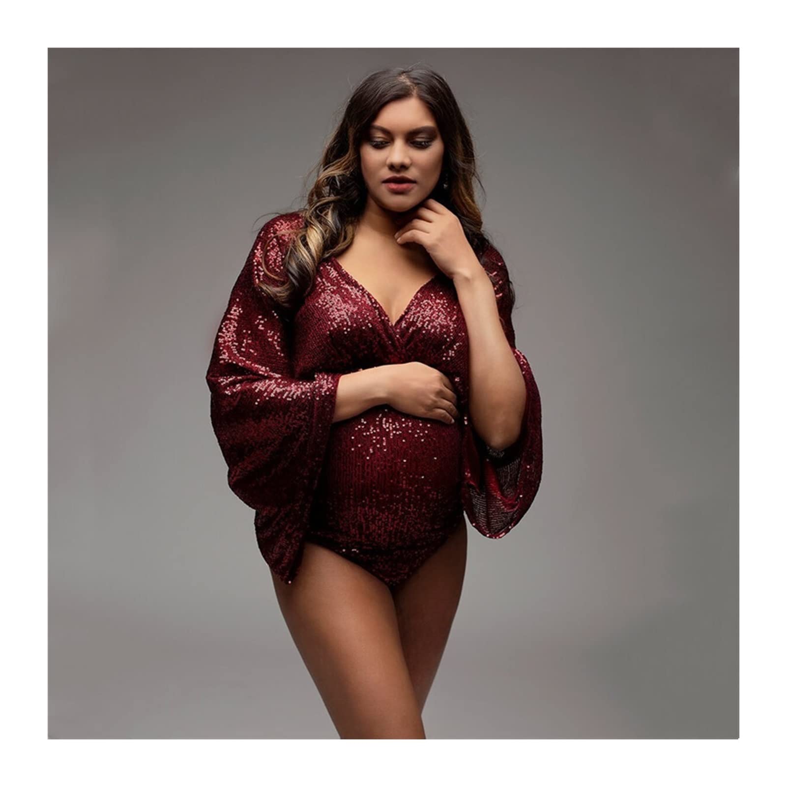 Wine Red Sequin Maternity Bodysuit - Boho Pregnancy Photoshoot Outfit for Women, Size M | Perfect for Maternity Photos, Baby Showers & Gender Reveals