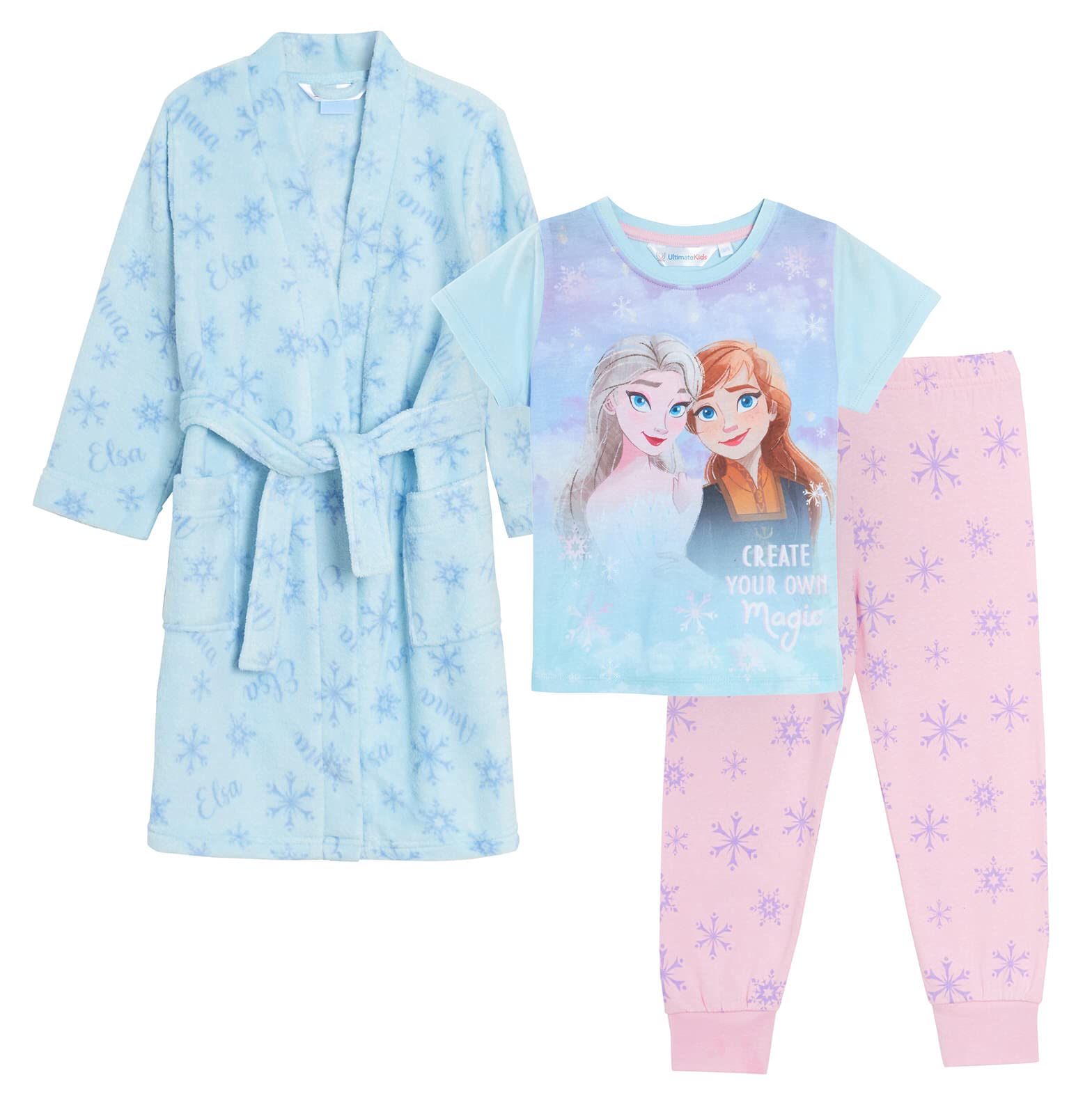 Disney Frozen 2 Girls' 3-Piece Nightwear Set - Princess Elsa Pajamas & Matching Robe for Kids | Cozy Sleepwear & Bathrobe for Bedtime & Playtime