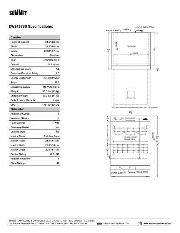 SUMMIT 24 Inch Stainless Steel Built-In Dishwasher - DW2435SS | Energy Efficient, Ultra Quiet for Modern Kitchens