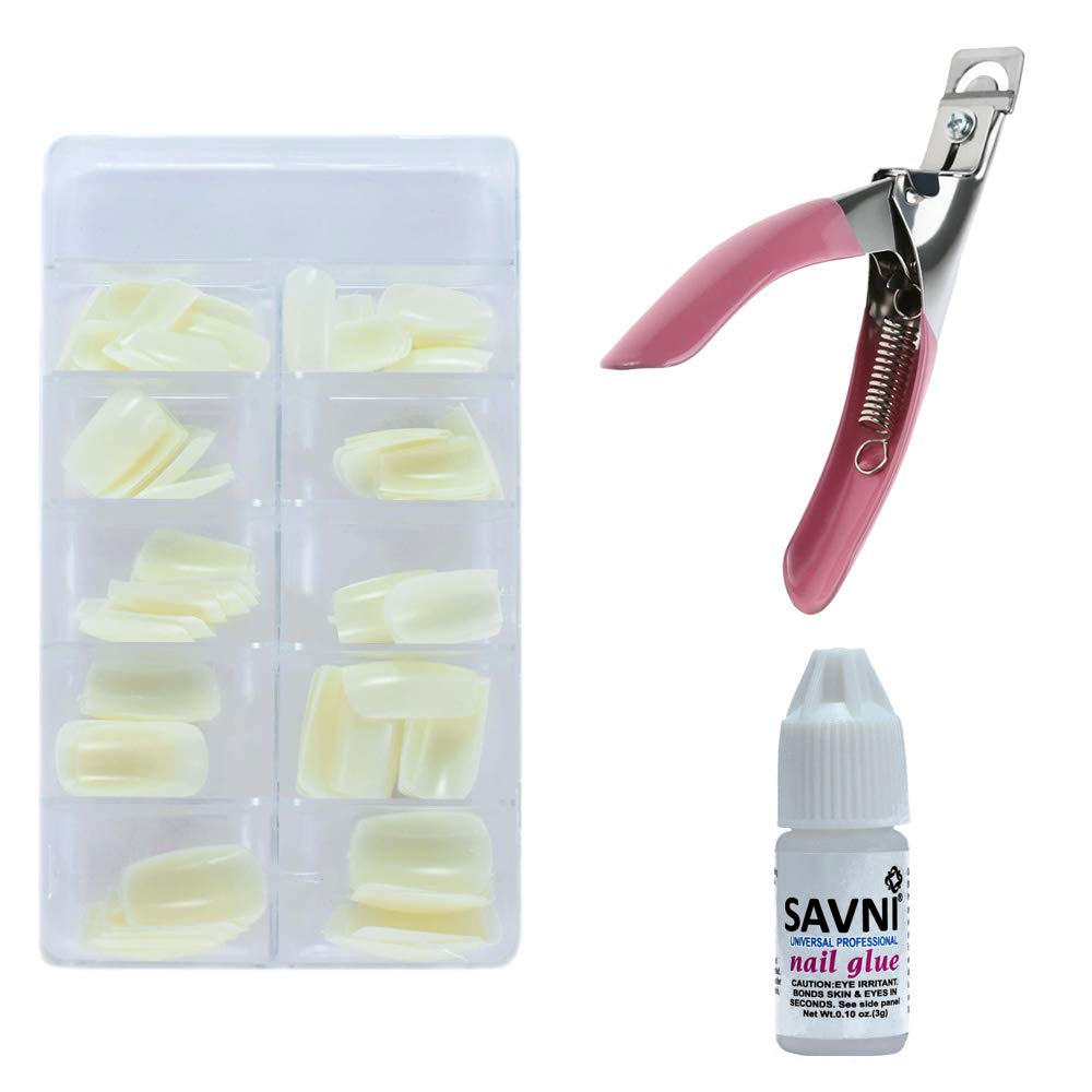 SAVNI 100-Piece White Acrylic Nail Extensions Kit with Nail Art Glue & Edge Cutter - Professional Salon Quality Manicure Set for DIY Nail Art, Home Use, and Beauty Salons