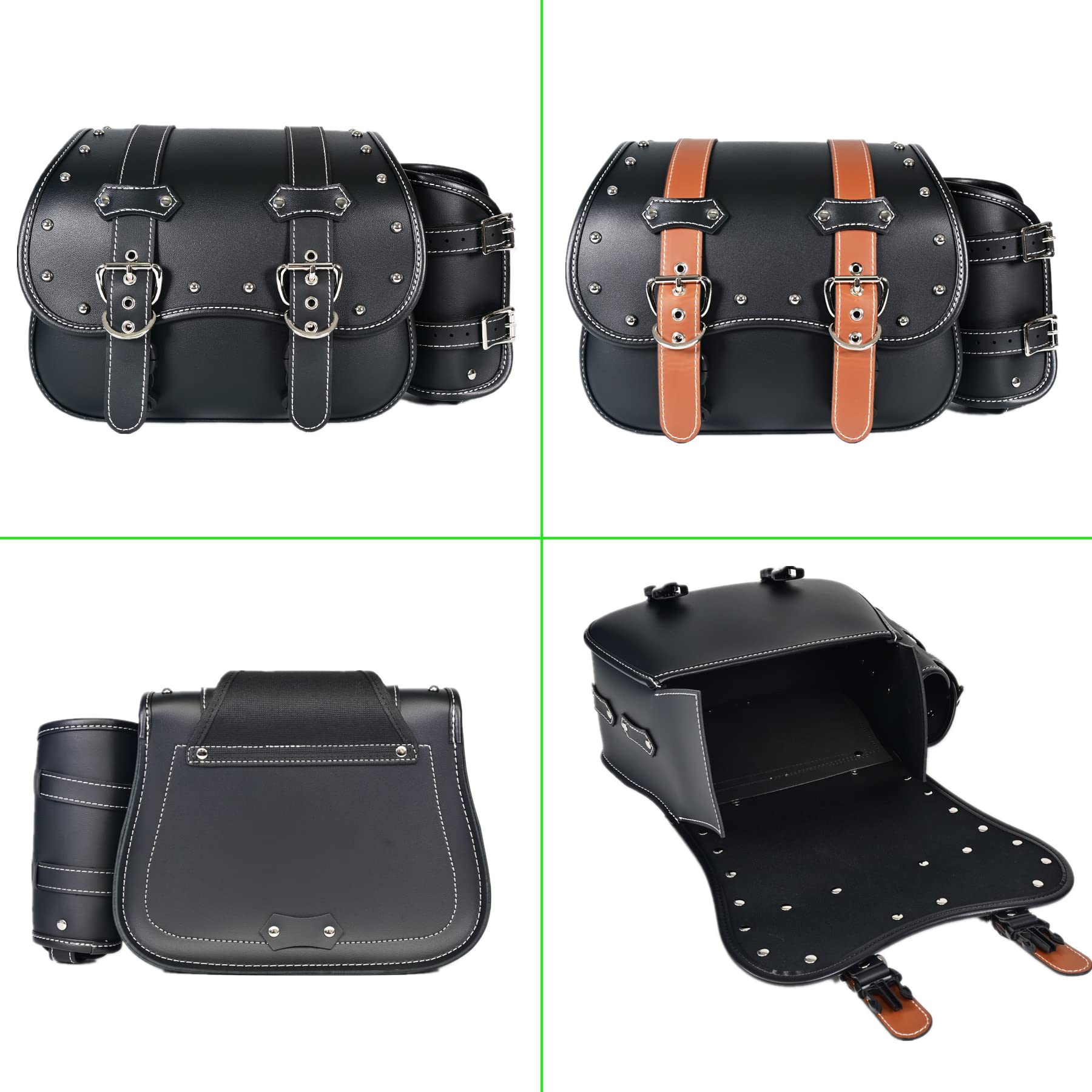 Premium PVC Leather Motorcycle Saddlebags - Universal Throw Over Panniers with Cup Holder & Side Tool Storage | Waterproof Motorbike Side Bags (1 Pair, Brown Belt & Black) | Perfect for Long Rides, Commuting & Adventure Touring