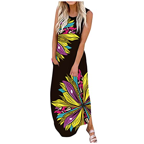 Women's Floral Print Sleeveless Maxi Dress with Pockets - Casual Loose Fit Beach Dress for Summer (Yellow, XL) | Perfect for Vacations, Beach Outings & Outdoor Events