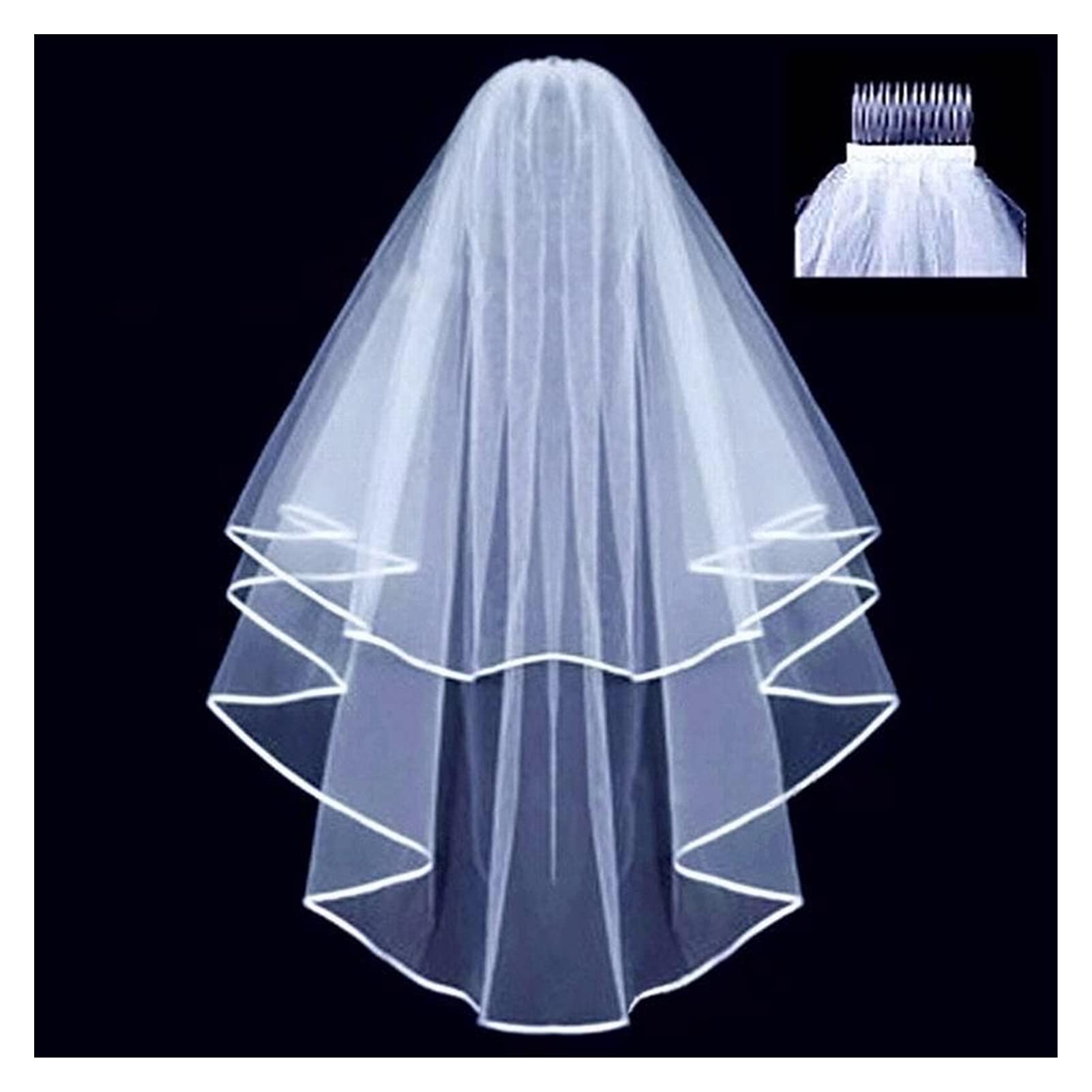 Elegant Two-Layer White Tulle Wedding Veil with Ribbon Edge & Comb - Perfect Bridal Accessory for Ceremony & Reception (Beige)