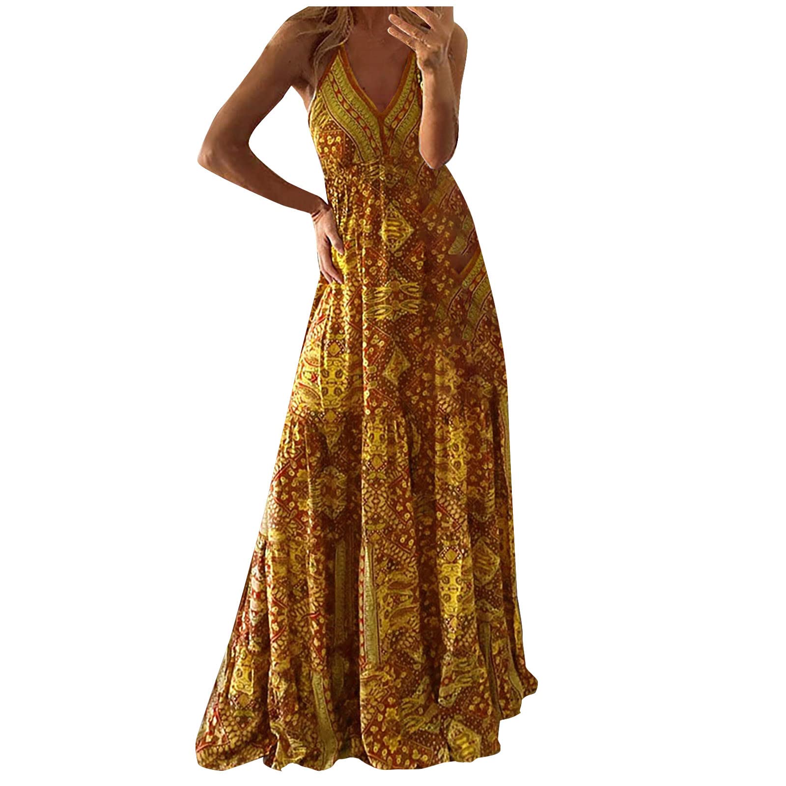 Ylioge White Pleated Maxi Dress for Women - Plus Size Retro Tribal Graphic Long Tank Dress with Low Cut Neckline | Perfect for Summer Vacations, Beach Parties & Boho Fashion