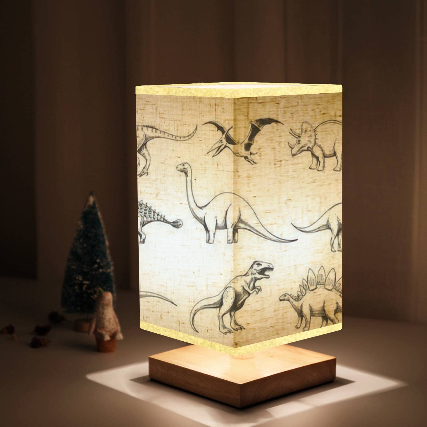 Dinosaur LED Nightstand Lamp - Square Wooden Base with Fabric Shade, Bedside Table Light for Bedroom, Kids Room & College Dorm - Perfect for Reading, Nursery Decor and Cozy Bedtime Lighting