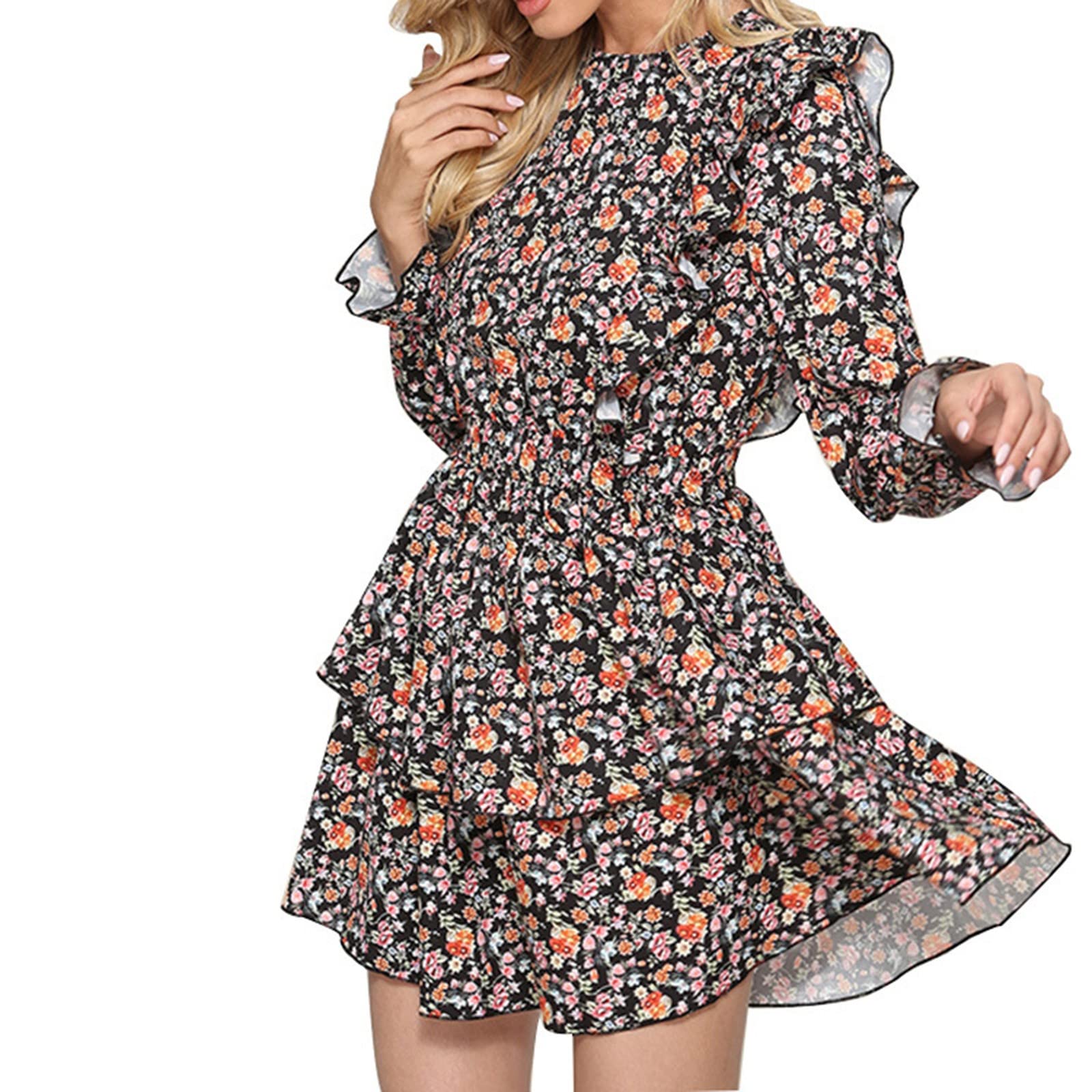 Floral Print Summer Dresses for Women - Bohemian Ruffle Chiffon Mini Dress with Waist Definition & Round Neck | Perfect for Beach Vacations, Date Nights & Casual Outings