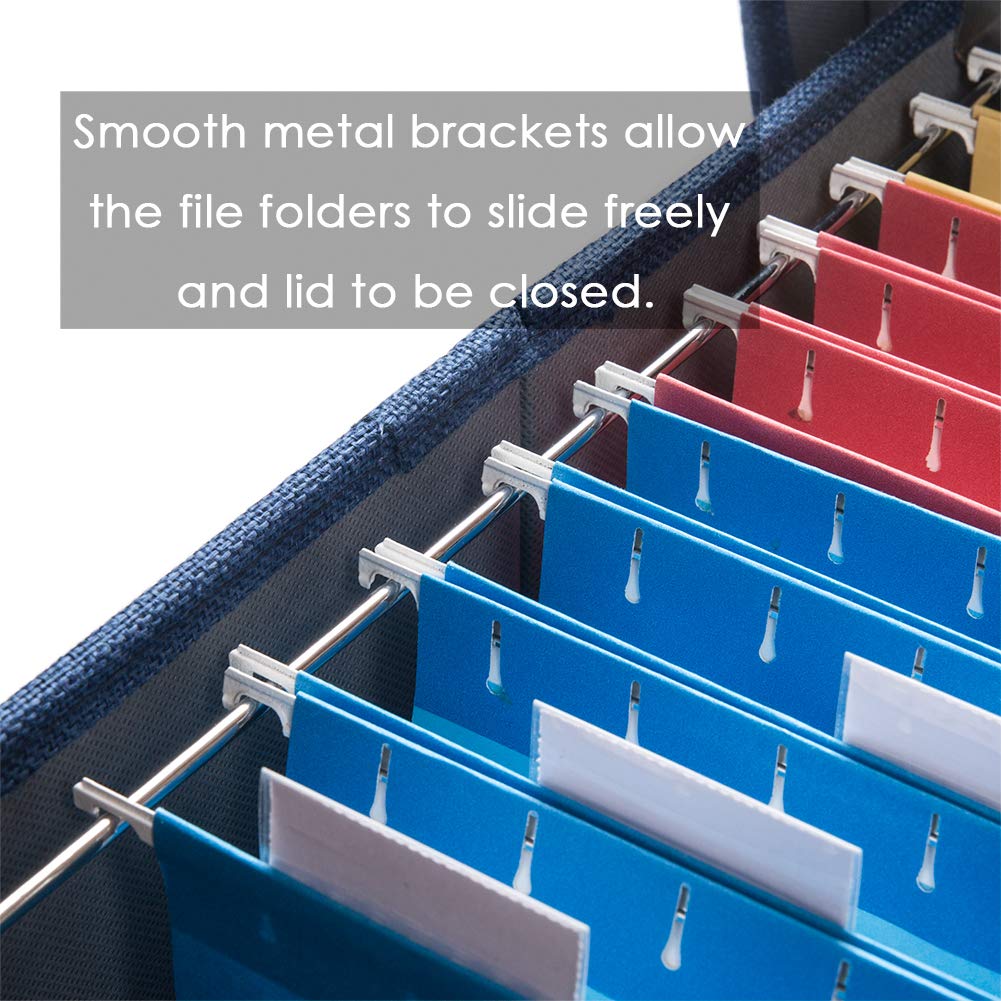 PRANDOM File Organizer Box Set of 4 - Collapsible Linen Storage Bins with Lids for Office, Home & School - Navy Blue Hanging File Folders (14x9.3x10.8 inches) - Perfect for Desk Organization, Document Storage & Cabinet Filing Systems