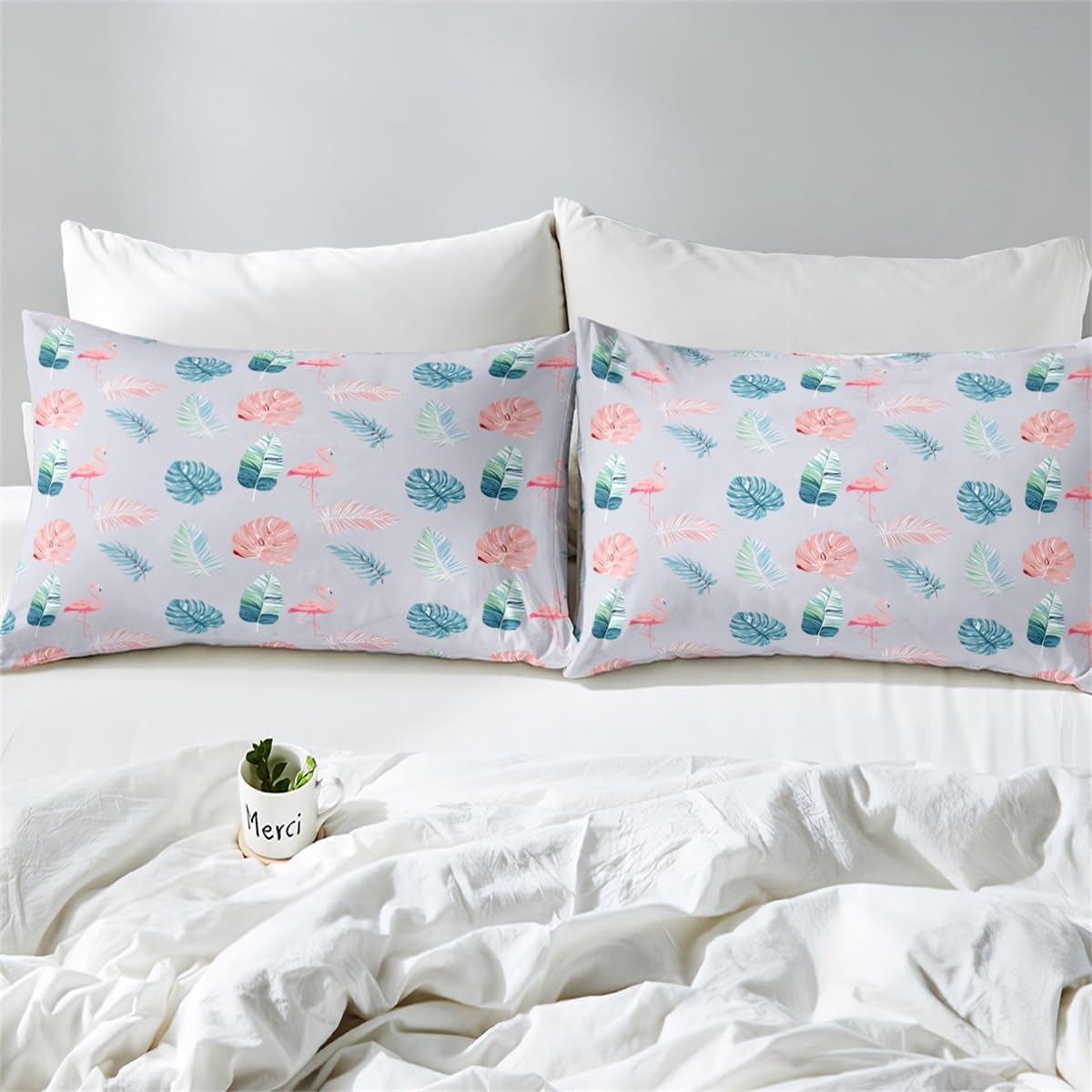 Feelyou Flamingo Bedding Set - Tropical Bird Animal Print Comforter Cover with Palm Tree Leaf Pattern - Soft Microfiber Duvet Cover & Pillow Shams (2-Piece Twin Size, Zipper Closure) - Perfect for Beach Themed Bedrooms, Tropical Home Decor & Vacation Style Bedding