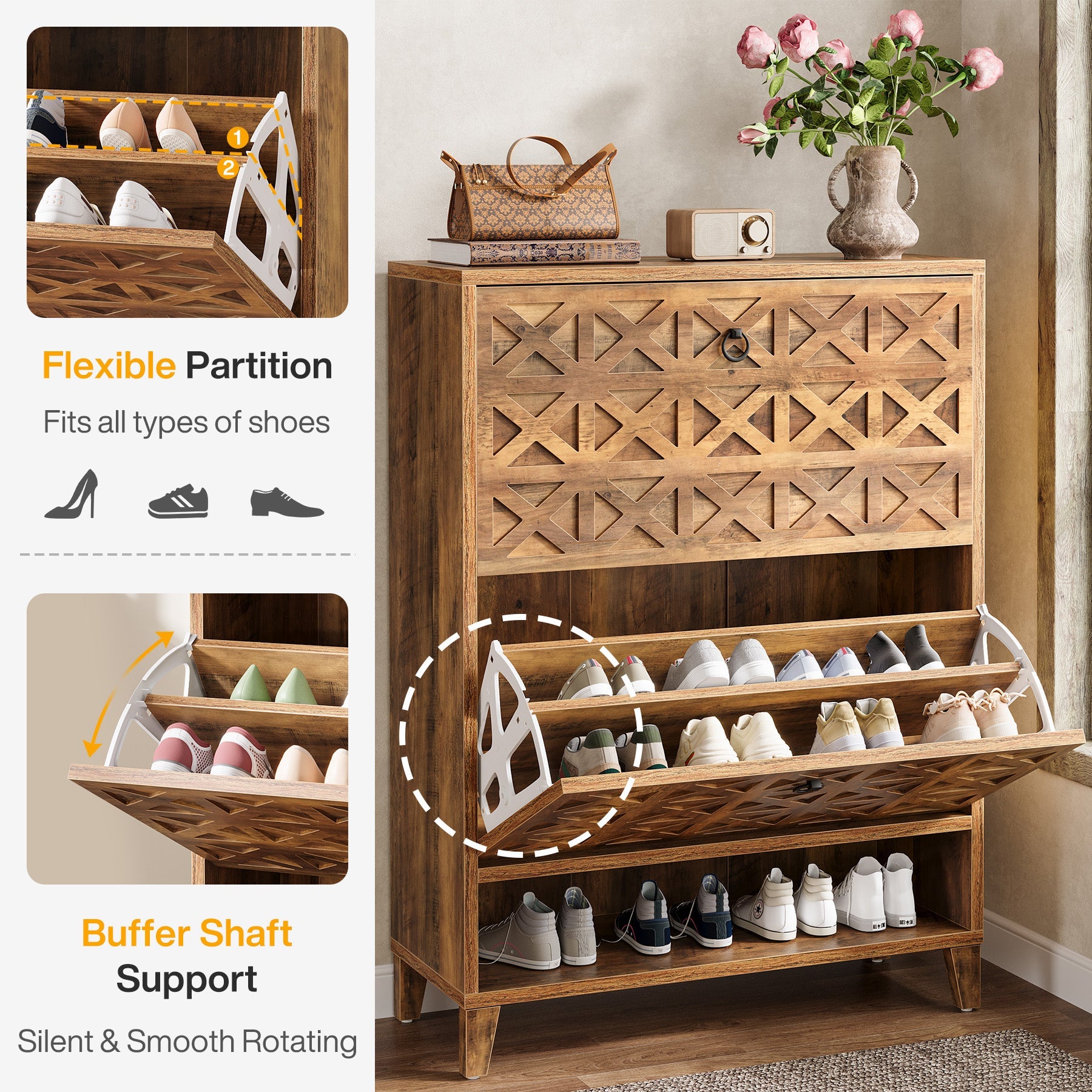 Wooden Shoe Cabinet with 2 Flip-Down Doors - Space Saving Shoe Storage Organizer for Entryway, Closet or Bedroom - Perfect for Organizing Shoes, Boots and Accessories