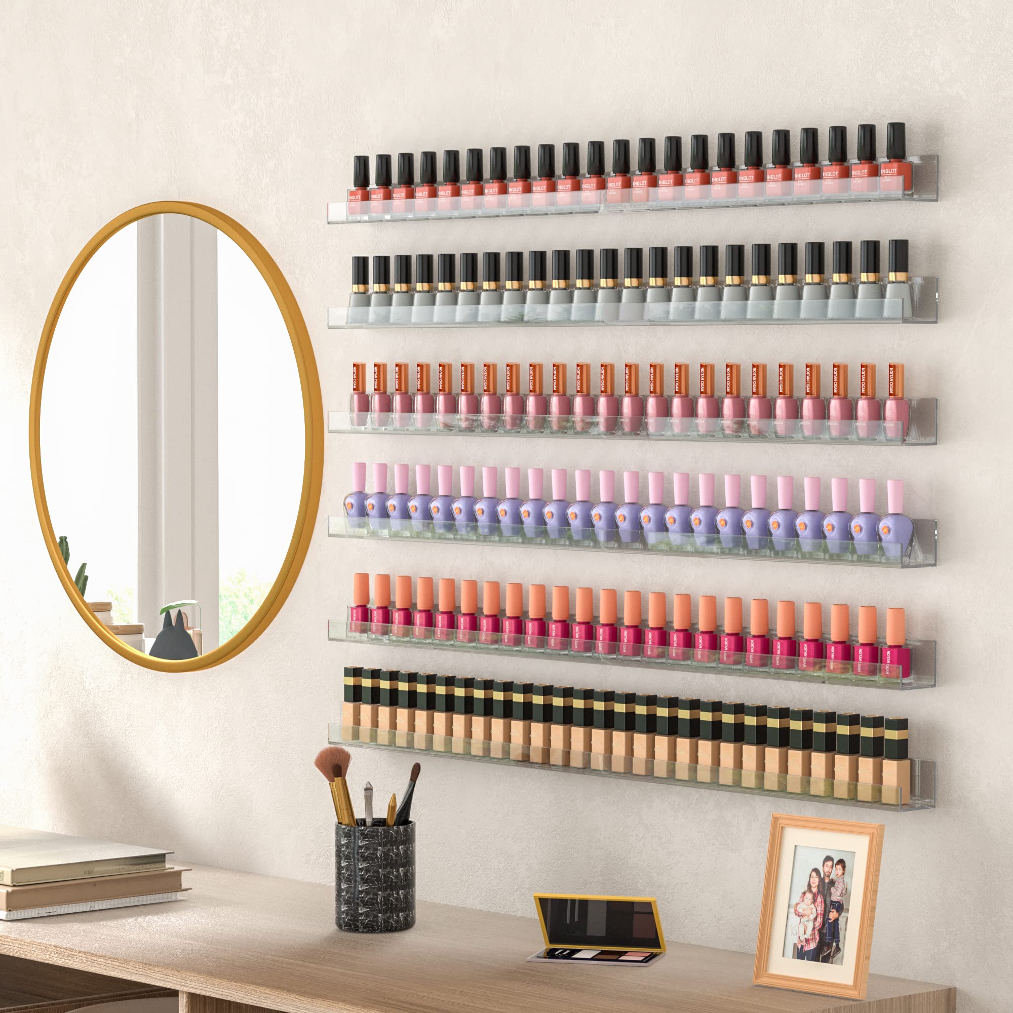 Clear Acrylic Nail Polish Rack Shelf for Wall - 32 Inch Nail Polish Organizer Holds 192 Bottles (6 Pack) | Perfect for Salon, Spa, Home Nail Station & Professional Makeup Artists