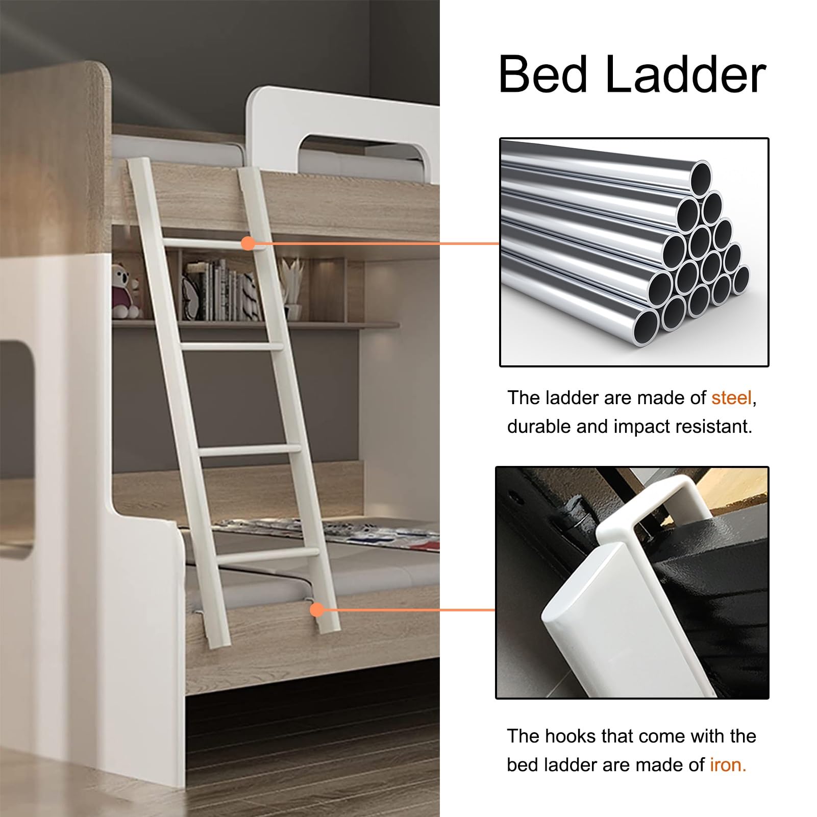 White Bunk Bed Ladder for Dorm Room & Loft - Heavy Duty 440 Lbs Capacity Space Saving Replacement Ladder with Hook Retainer - 45 Inch Twin Bunk Bed Ladder for Kids & Adults - Perfect for Small Spaces & College Dorm Organization