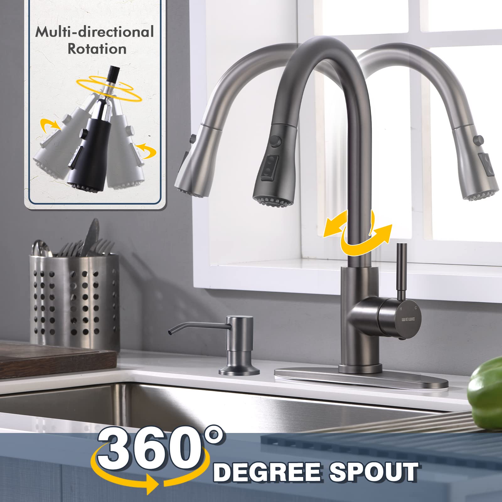 WEWE Black Stainless Steel Kitchen Faucet with Pull Down Sprayer - Single Handle Commercial Modern RV Laundry Sink Faucet with Soap Dispenser | Perfect for Home, Restaurant & RV Use