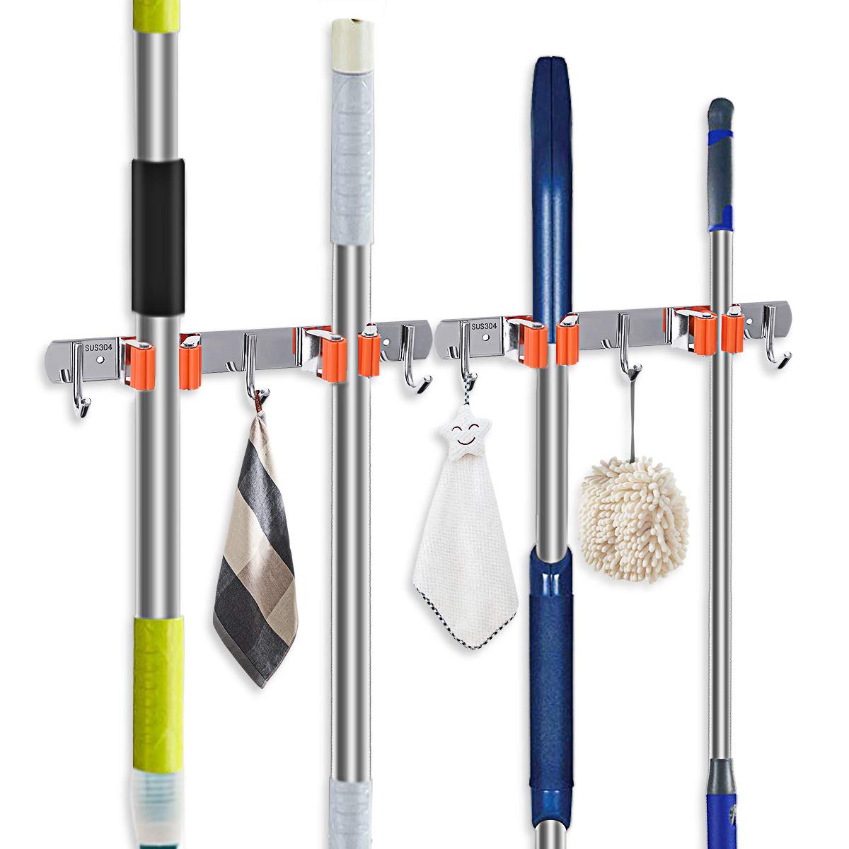 2 Pack Heavy Duty Stainless Steel Broom Holder Wall Mount - 4 Racks & 6 Hooks for Bathroom, Kitchen, Office, Closet, Garden - Space Saving Storage Organizer for Brooms, Mops, Tools and Cleaning Supplies
