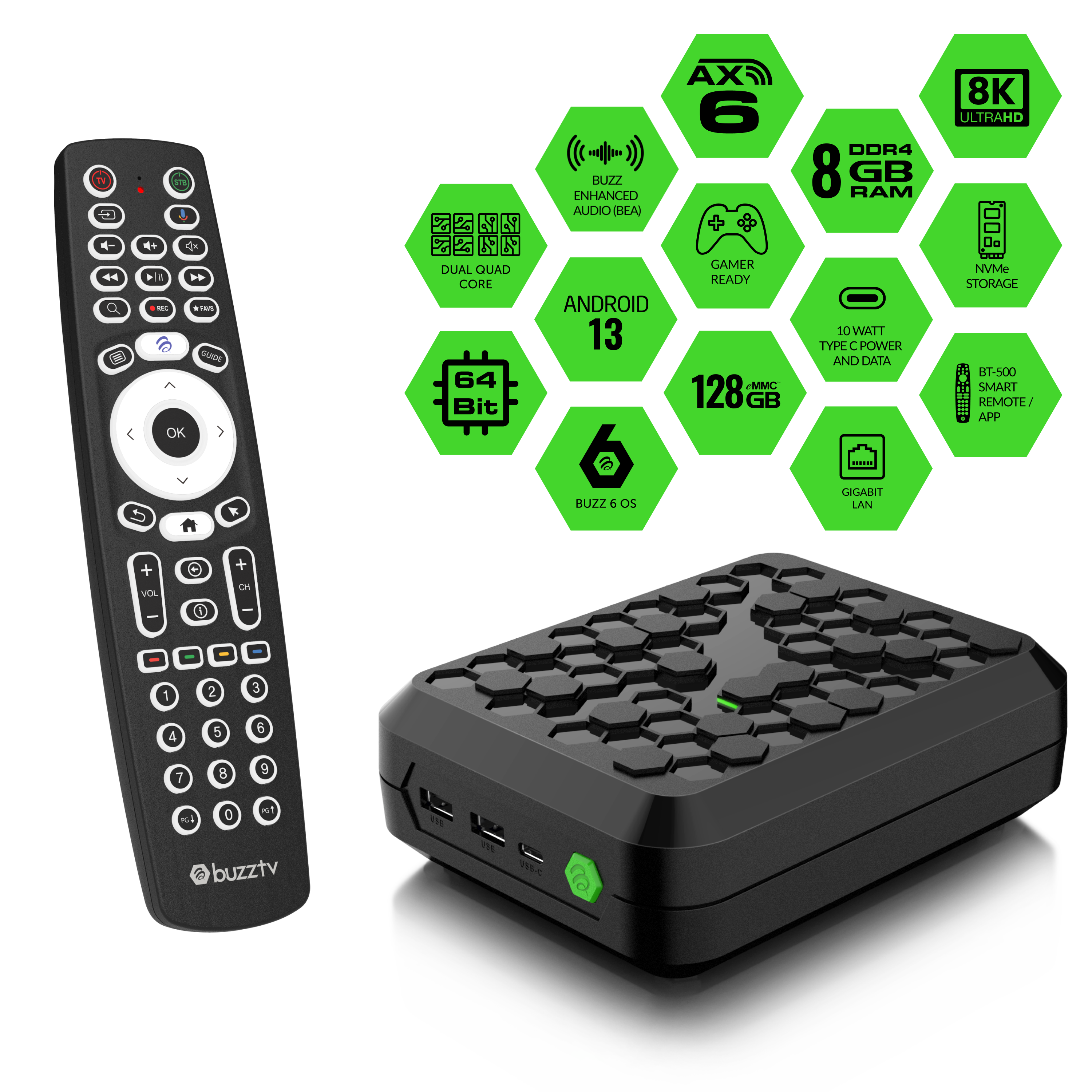 BuzzTV PowerStation 6 Streaming Media Player with 8GB RAM - 4K Ultra HD Smart TV Box for Netflix, Hulu, Prime Video | Perfect for Home Entertainment & Gaming
