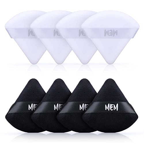 8-Piece MEM Triangle Powder Puff Set - Soft Velour Makeup Sponges for Loose & Pressed Powder Application | Wet & Dry Use | Skin-Friendly Beauty Blenders with Satin Ribbon Handle | Perfect for On-the-Go Touchups & Professional Makeup Application