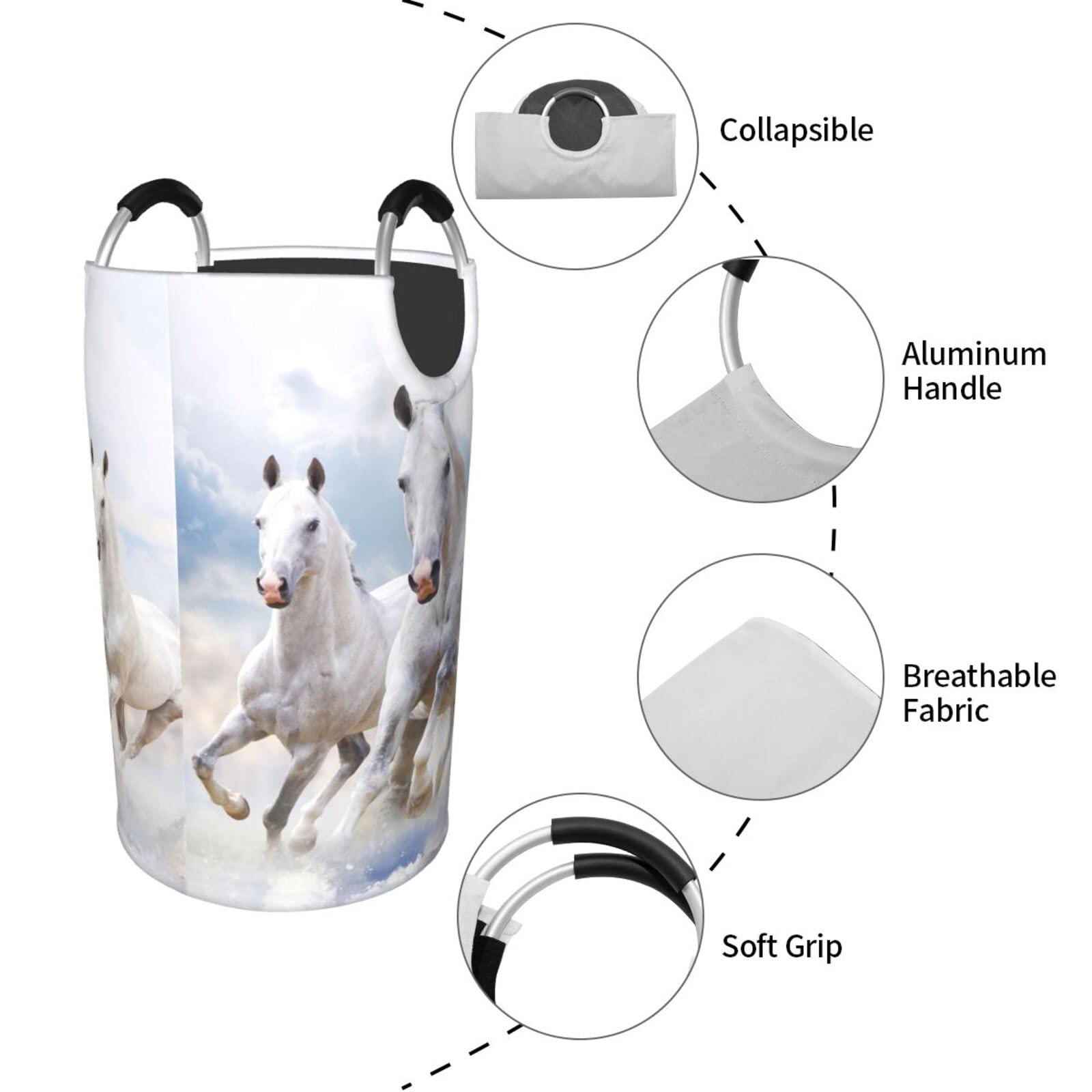 Collapsible Laundry Basket with Handles - Durable Clothes Hamper & Dirty Laundry Organizer - Animal Theme Running Horses Design (White) - Perfect for Bedroom, Bathroom & Dorm Storage