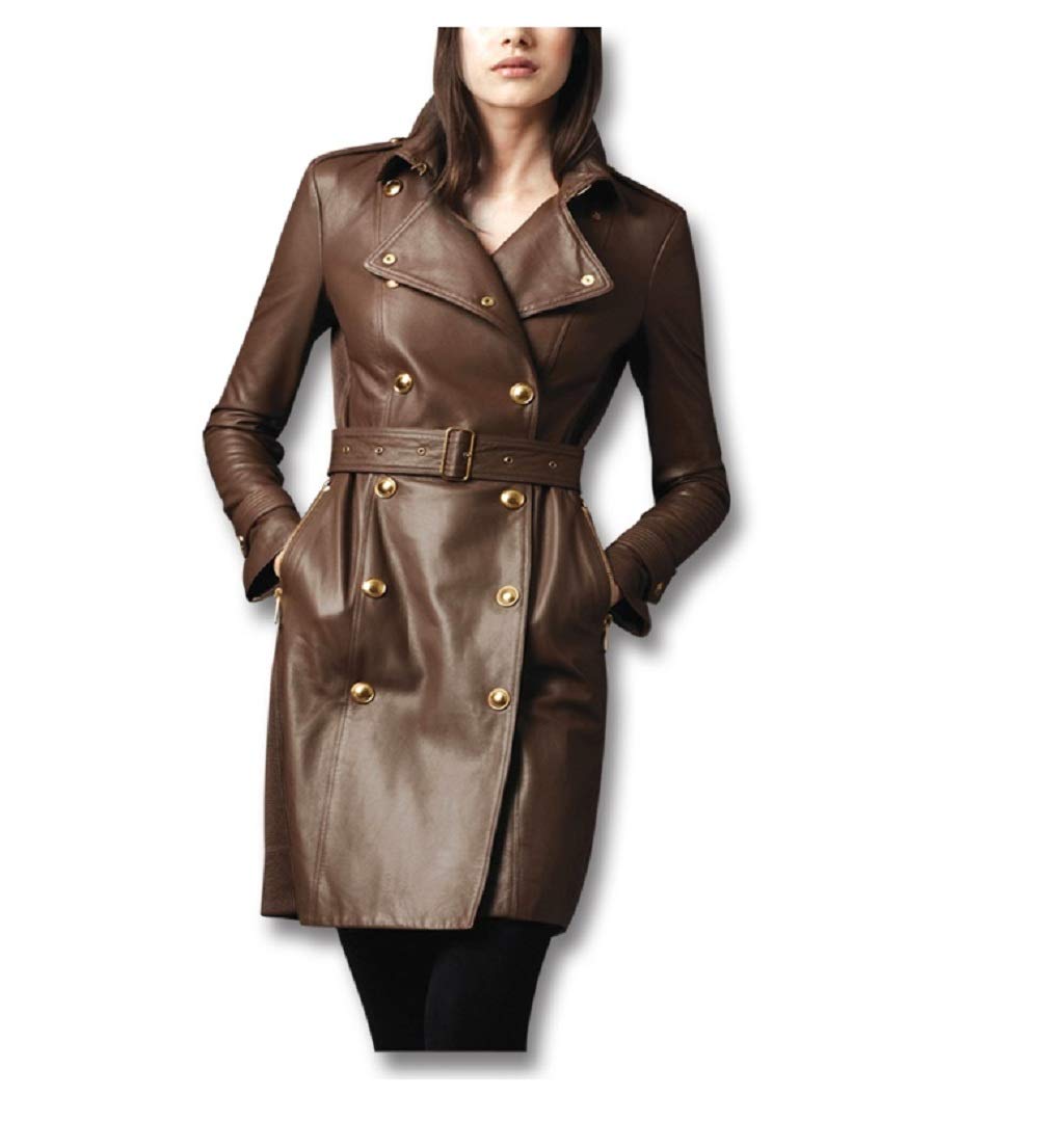 Women's Slim Fit Brown Genuine Leather Trench Coat with Golden Detailing - Stylish Winter Outerwear for Office & Evening Occasions