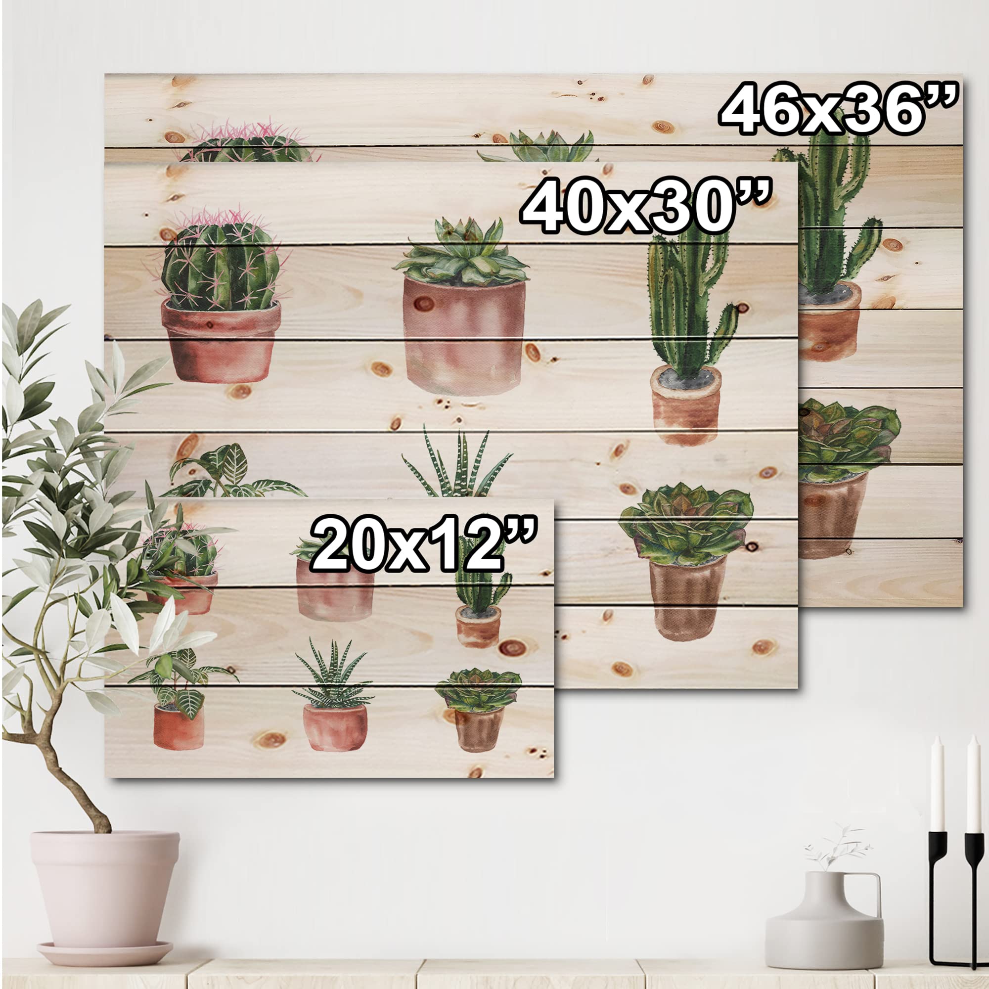 DesignQ Flowers in Pot Cacti & Succulents Wood Wall Decor - Large Floral Pine Wood Wall Art Panels for Living Room, Bedroom & Office Decor
