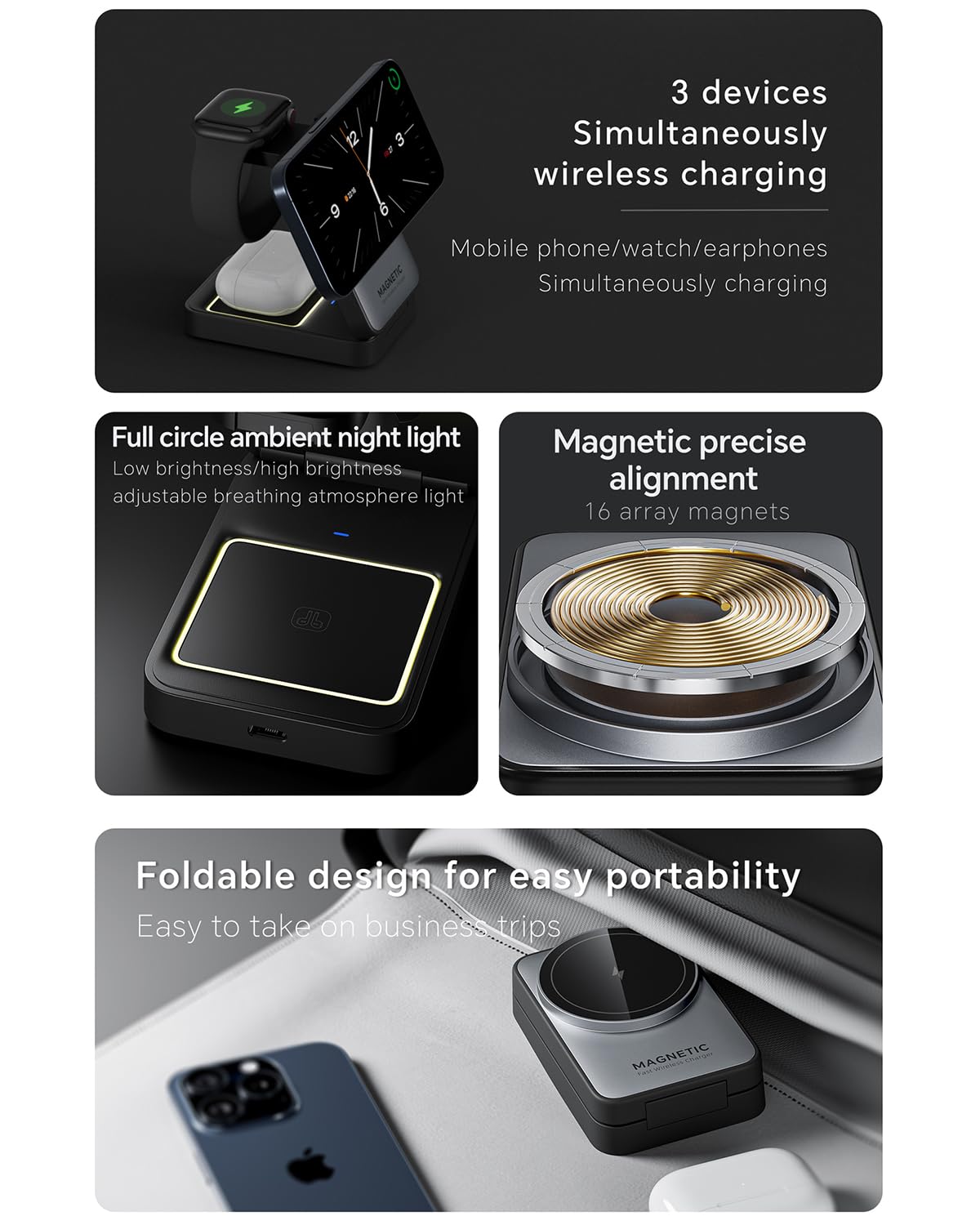 2024 Upgraded 3-in-1 Magnetic Wireless Charging Station - Foldable Travel Charger with Night Light for iPhone 16/15/14/13/12, Apple Watch & AirPods | Magsafe Compatible | Perfect for Bedside, Office & Travel Use