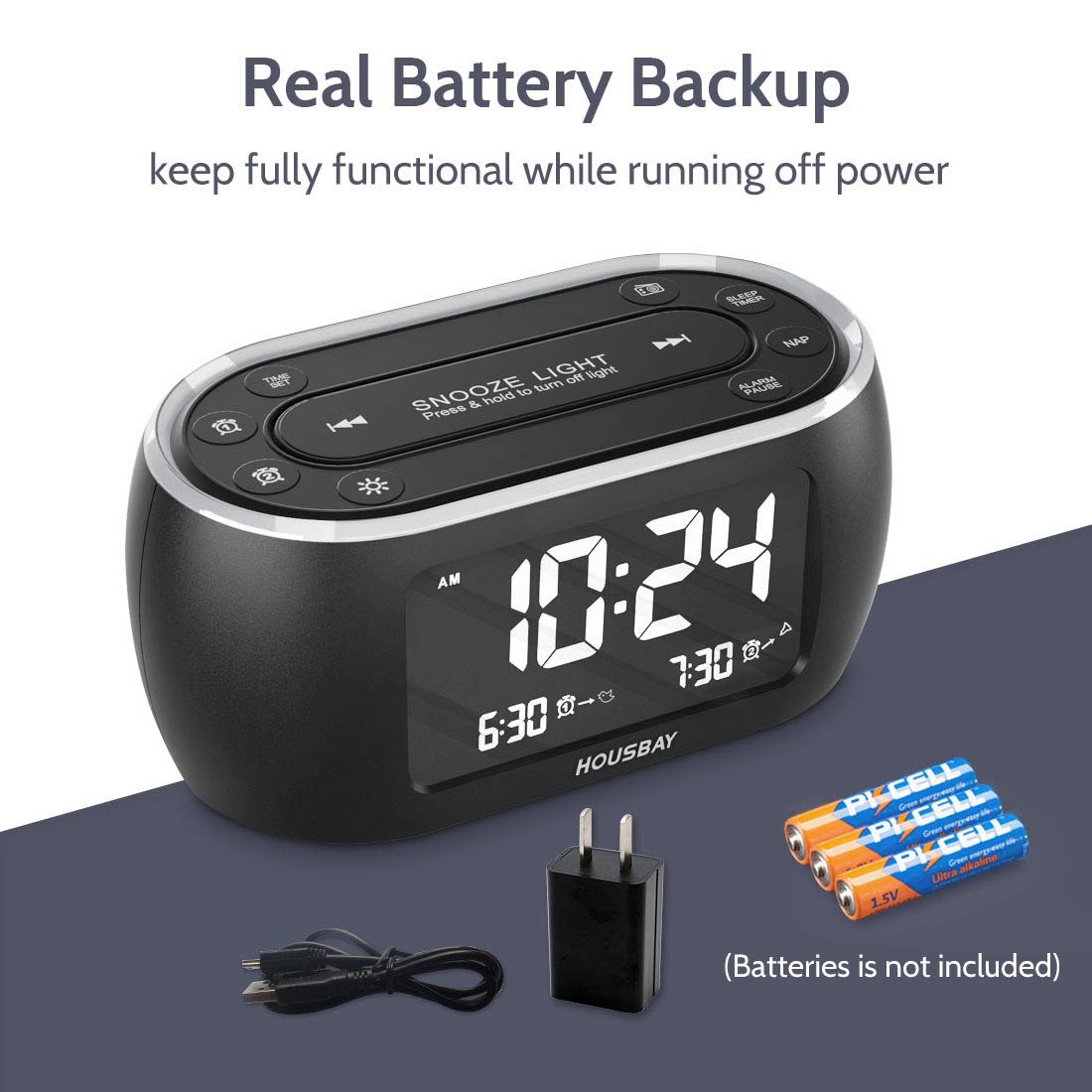HOUSBAY Glow Small Alarm Clock Radio with 7 Color Night Light - Dual Alarm, Dimmer, USB Charger, Battery Backup, Nap Timer & FM Radio | Perfect for Bedrooms, Nightstands & Travel | Auto-Off Timer for Convenient Use