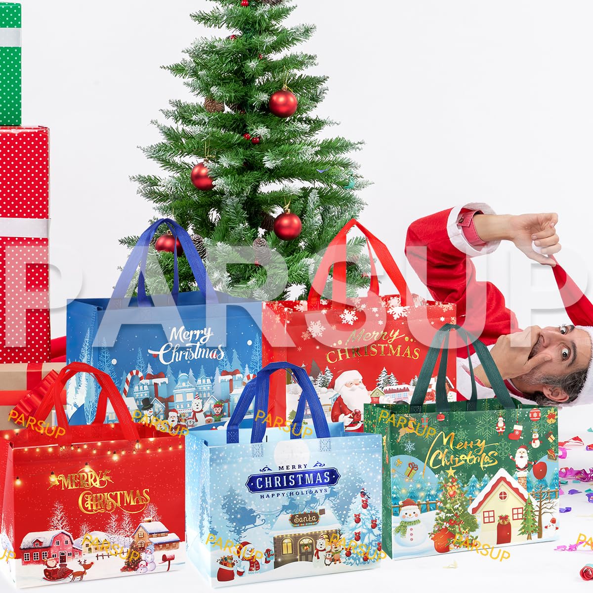 PARSUP Multifunctional Non-Woven Christmas Gift Bags with Handles - Holiday Party Favor Bags, Xmas Present Wrapping & Shopping Bags for Christmas Parties, Gift Exchanges & Holiday Decorations